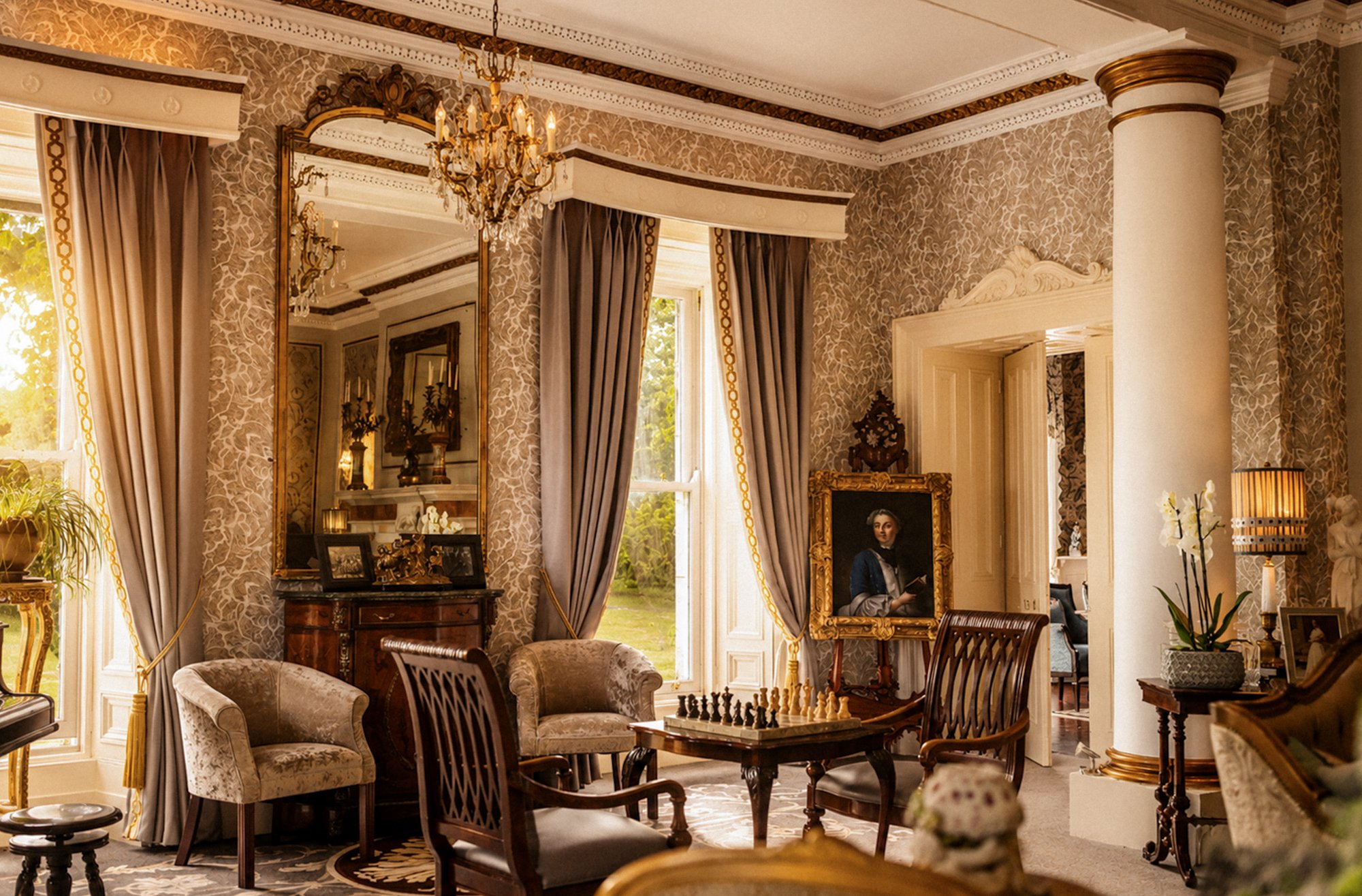 Elegant living room with large windows, ornate wallpaper, chandelier, antique furniture, portrait painting, and decorative items.
