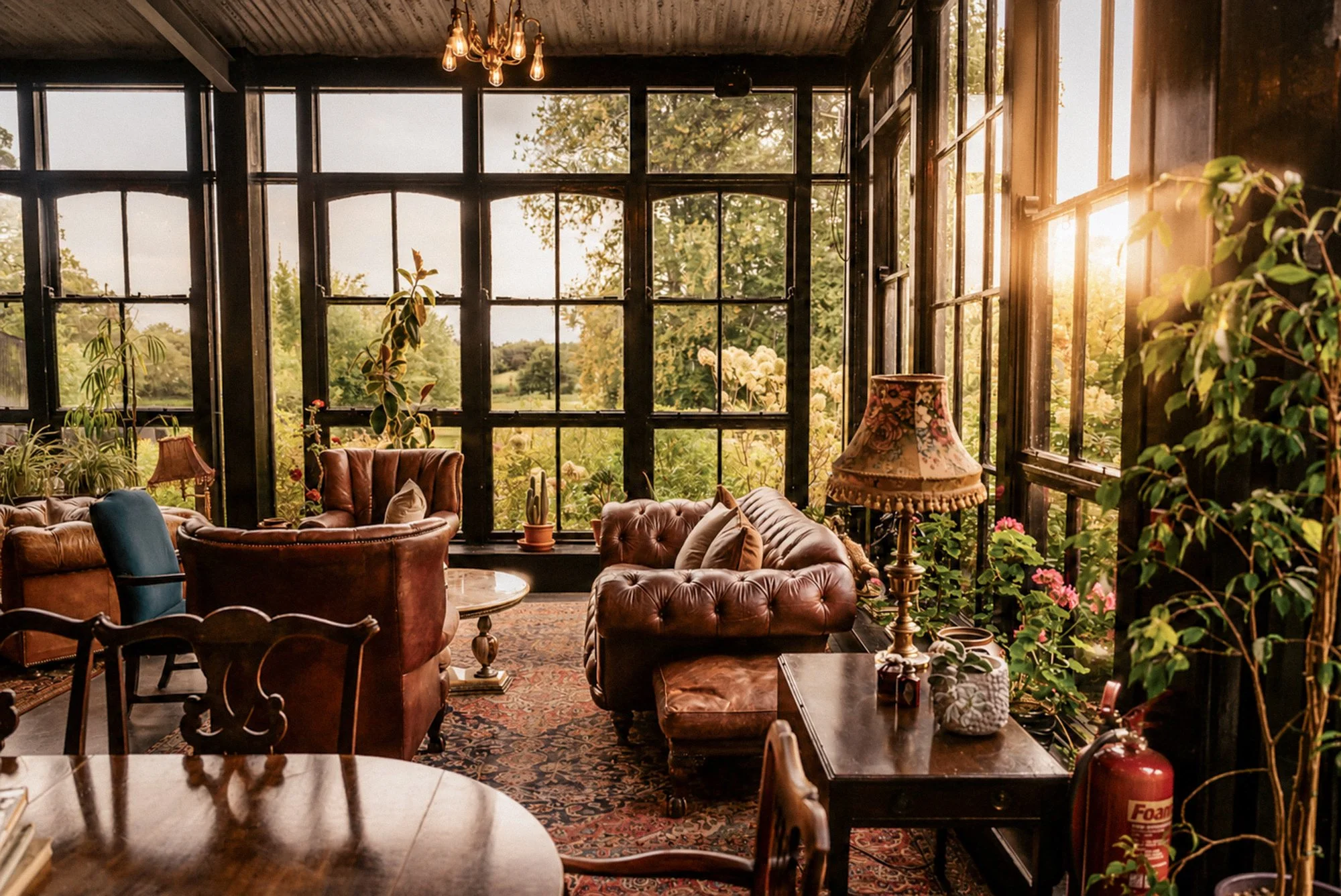 Interior of a cozy living room with large windows allowing natural sunlight to illuminate the space. It features a collection of vintage leather armchairs, a wooden table, and various plants and decorative items, creating an inviting atmosphere.