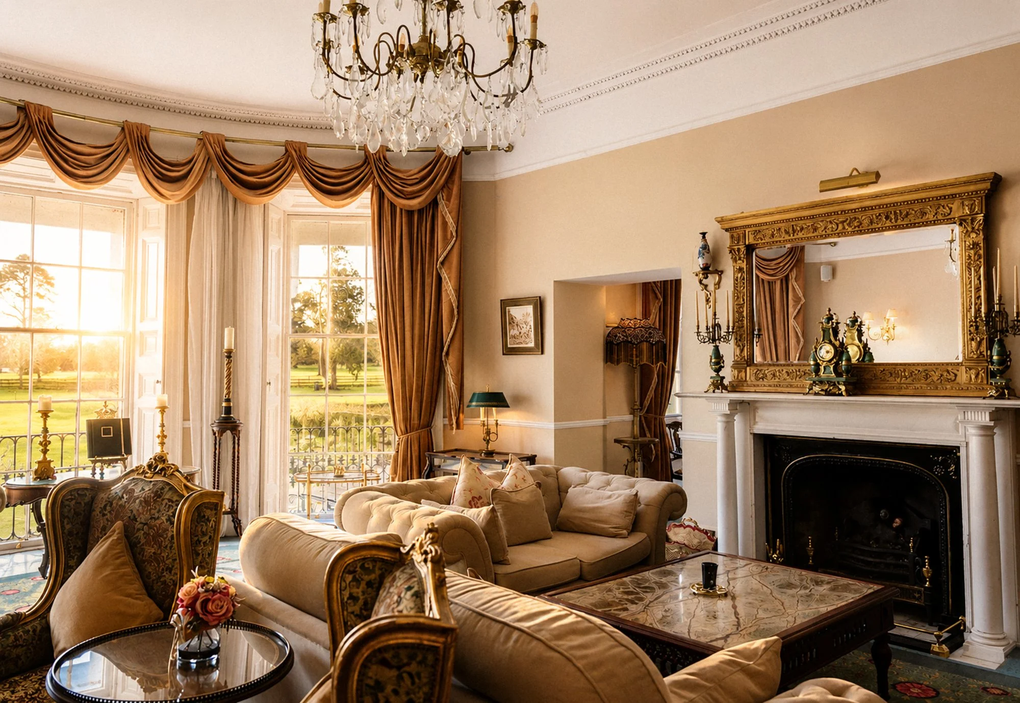 A spacious, luxurious living room with a chandelier, ornate gold-framed mirror, fireplace, and elegant antique furniture, with large windows letting in natural light.