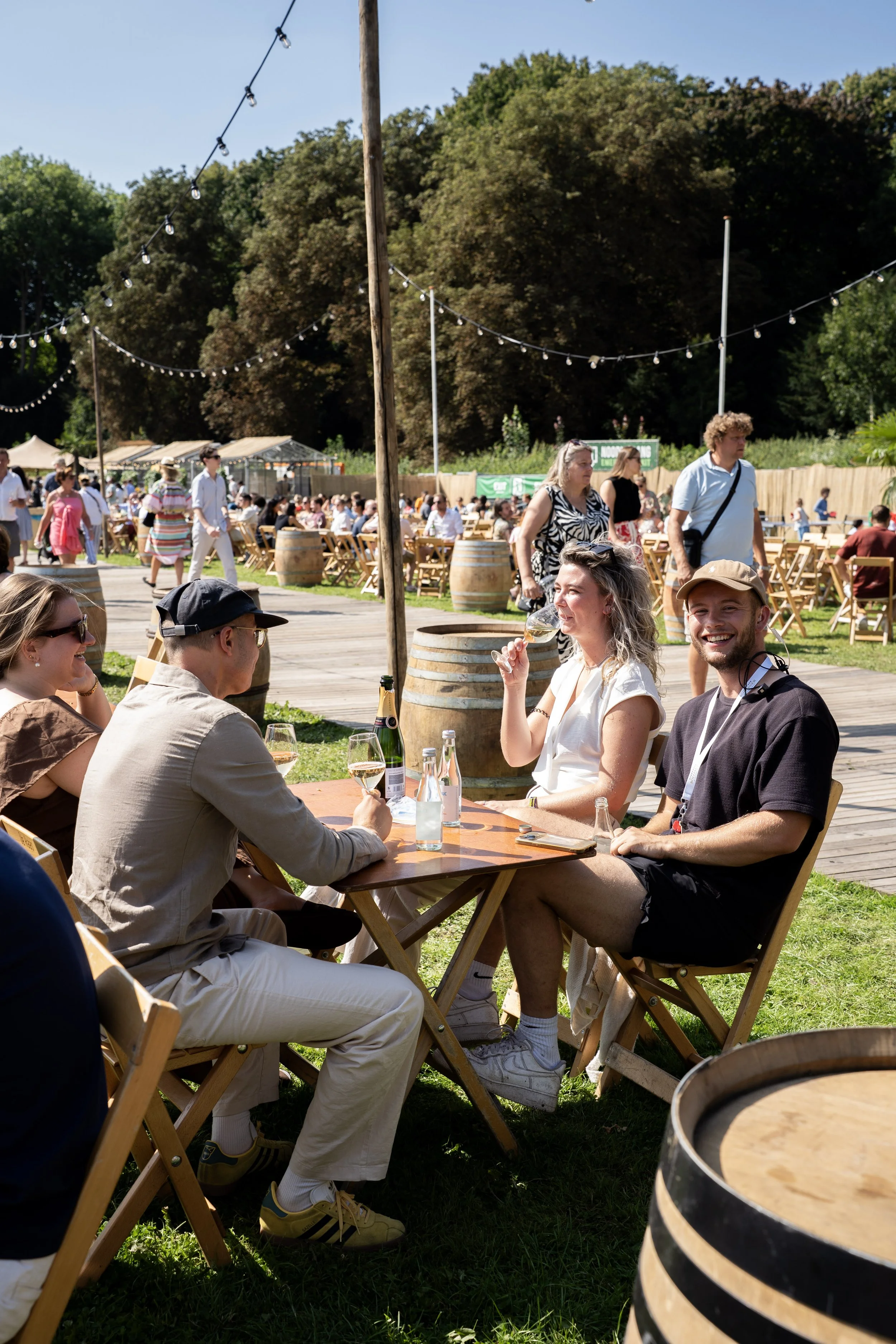 Mensen genieten van een zomerse buitenbijeenkomst met tafels, banken en glazen wijn, onder decoratieve lichtsnoeren, op een zonnige dag in een groene omgeving.