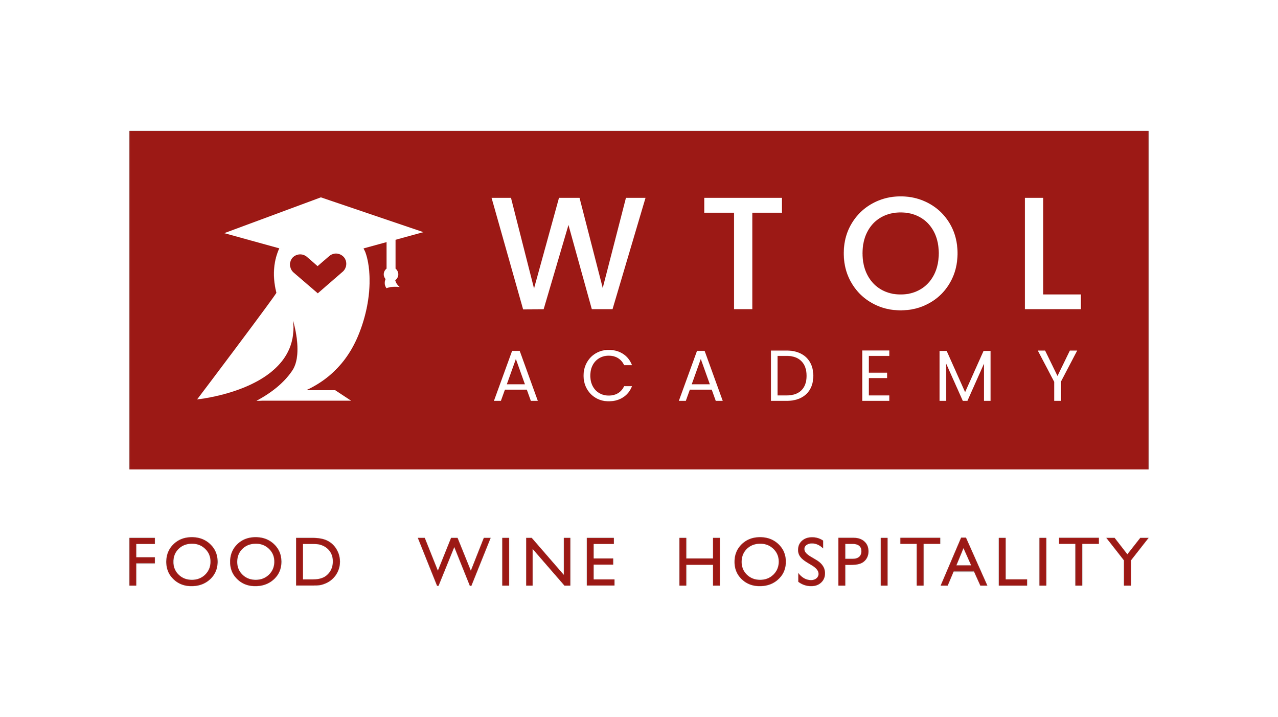 Logo van Wtol Academy met een witte uil met een afgestudeerdhoed en een hart onder de snoet, op een rode achtergrond met de woorden 'Wtol Academy' en onderaan 'Food', 'Wine', en 'Hospitality' in rode letters op een zwarte achtergrond.