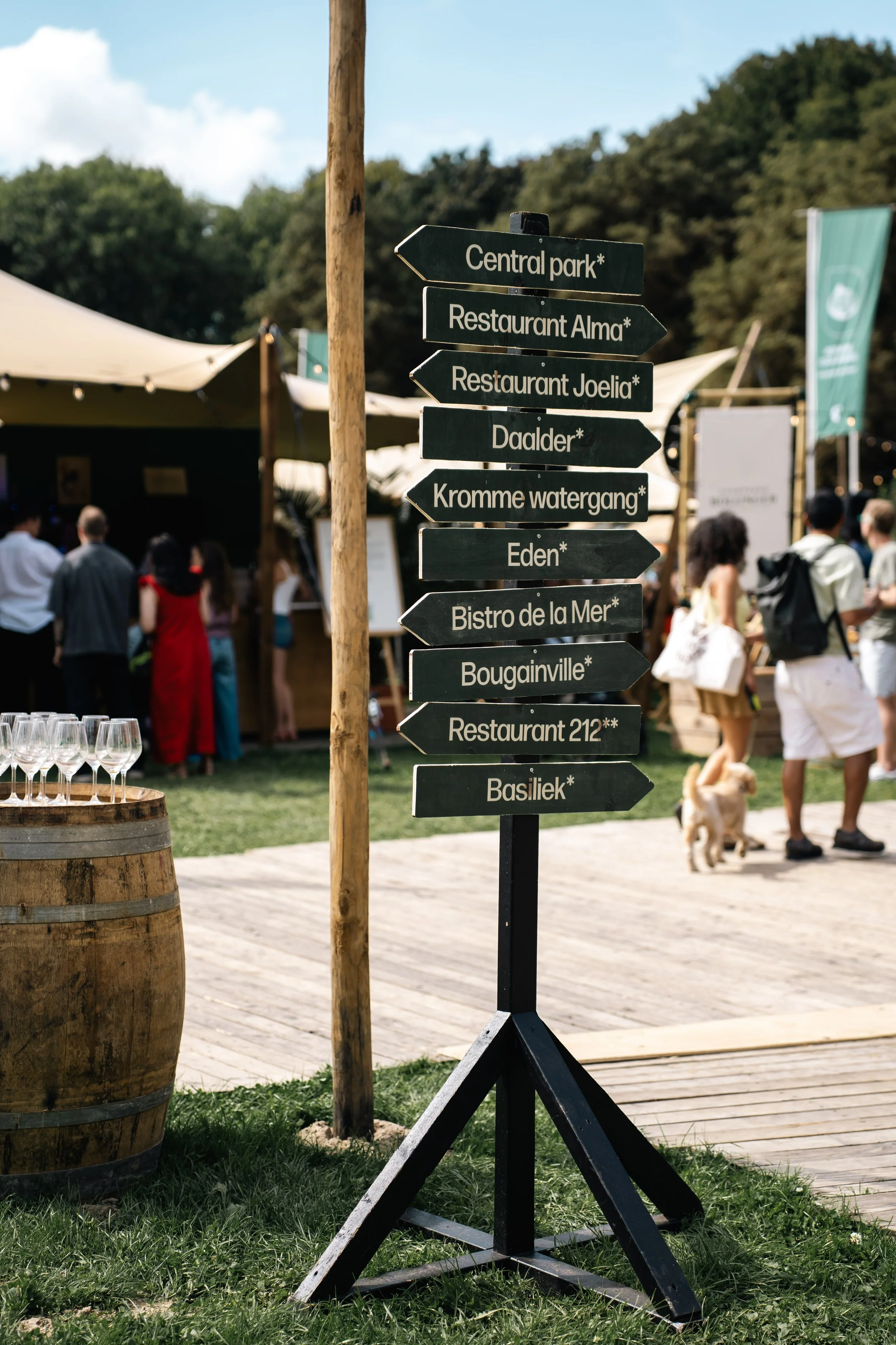 Een zwarte routewijzer met witte letters op een grasveld, wijzend naar verschillende bezienswaardigheden en eetgelegenheden zoals Central Park, Restaurant Alma, Restaurant Joelia, Daalder, Kromme Watergang, Eden, Bistro de la Mer, Punagville, Restaur