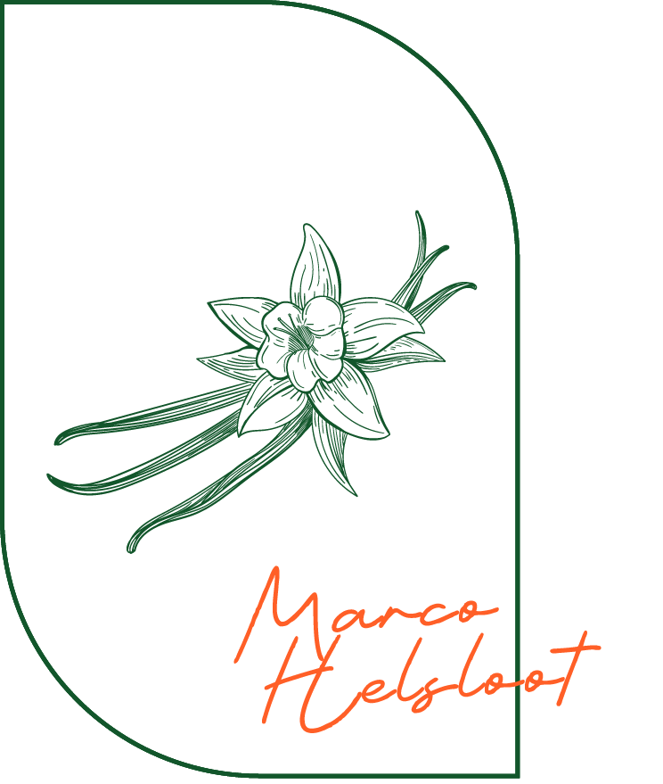 Illustratie van een bloem met lange bloemblaadjes en een label met de tekst "Marco Helsloot" in oranje onderaan.