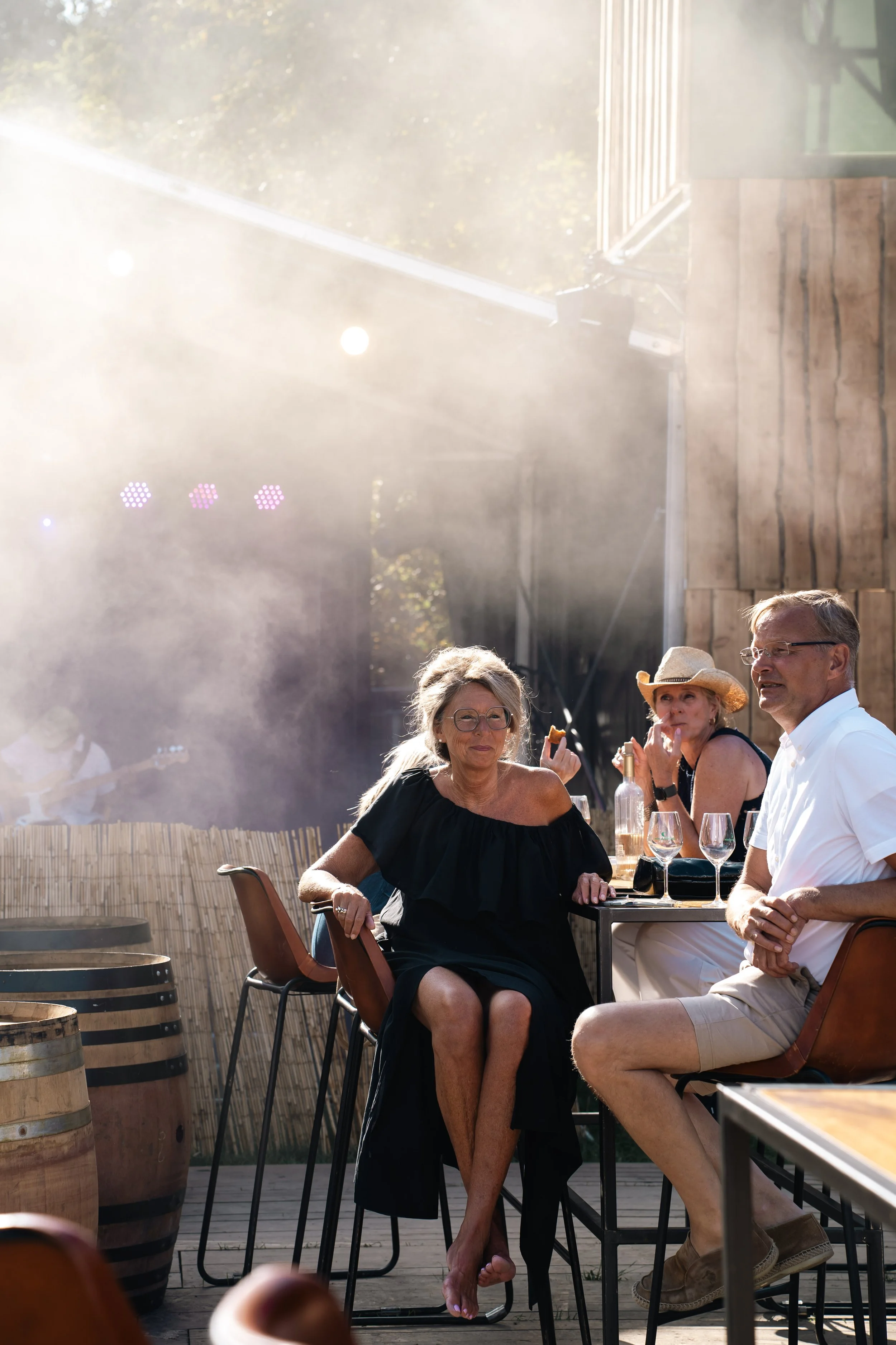 Mensen zitten aan een tafel in een zonnige omgeving, mogelijk een terras, met wijn en snacks, en genieten van een gezellige bijeenkomst.