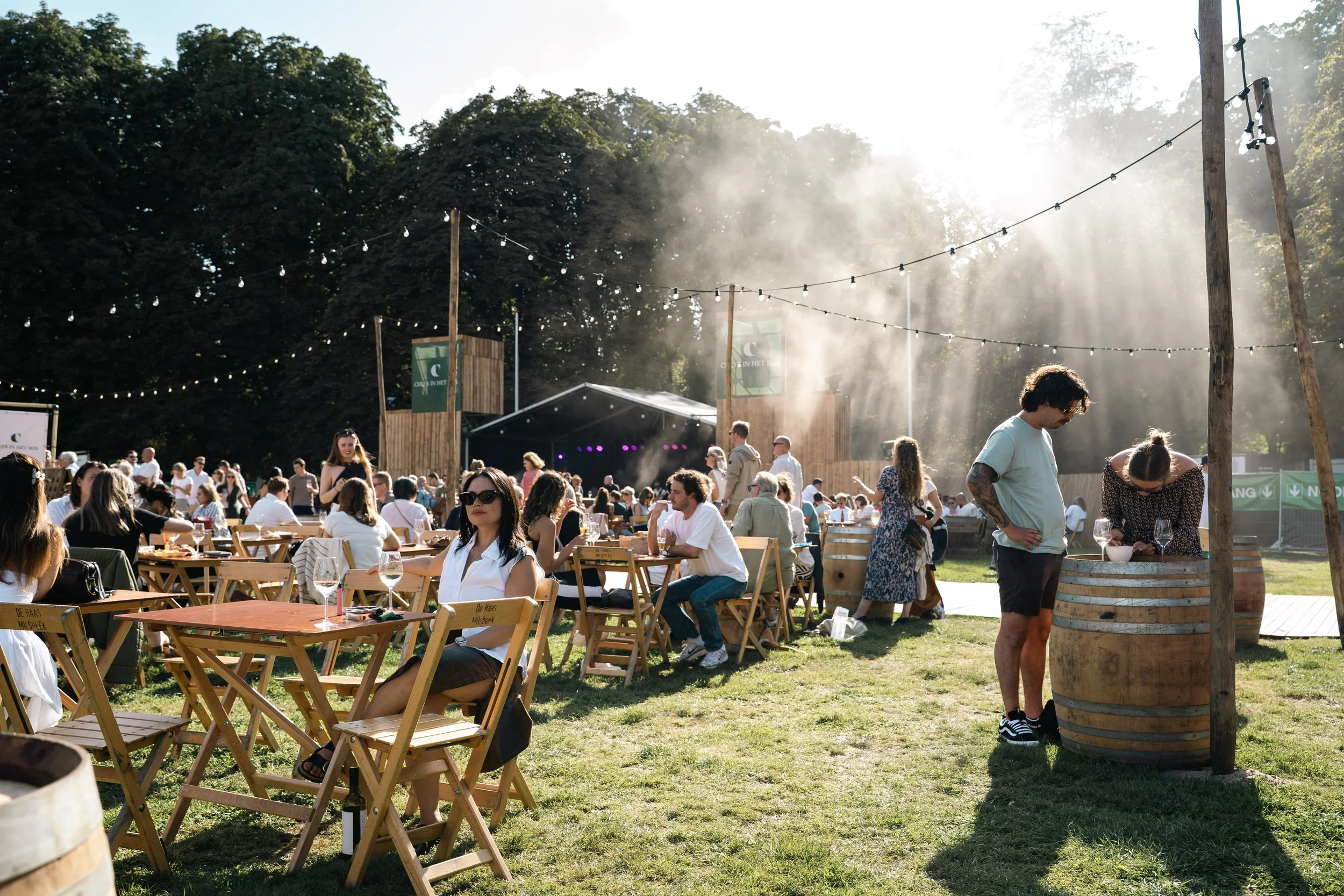 Vrienden en familie genieten van een zomerse outdoor festival in een park, met tafels, muziek, en dans.