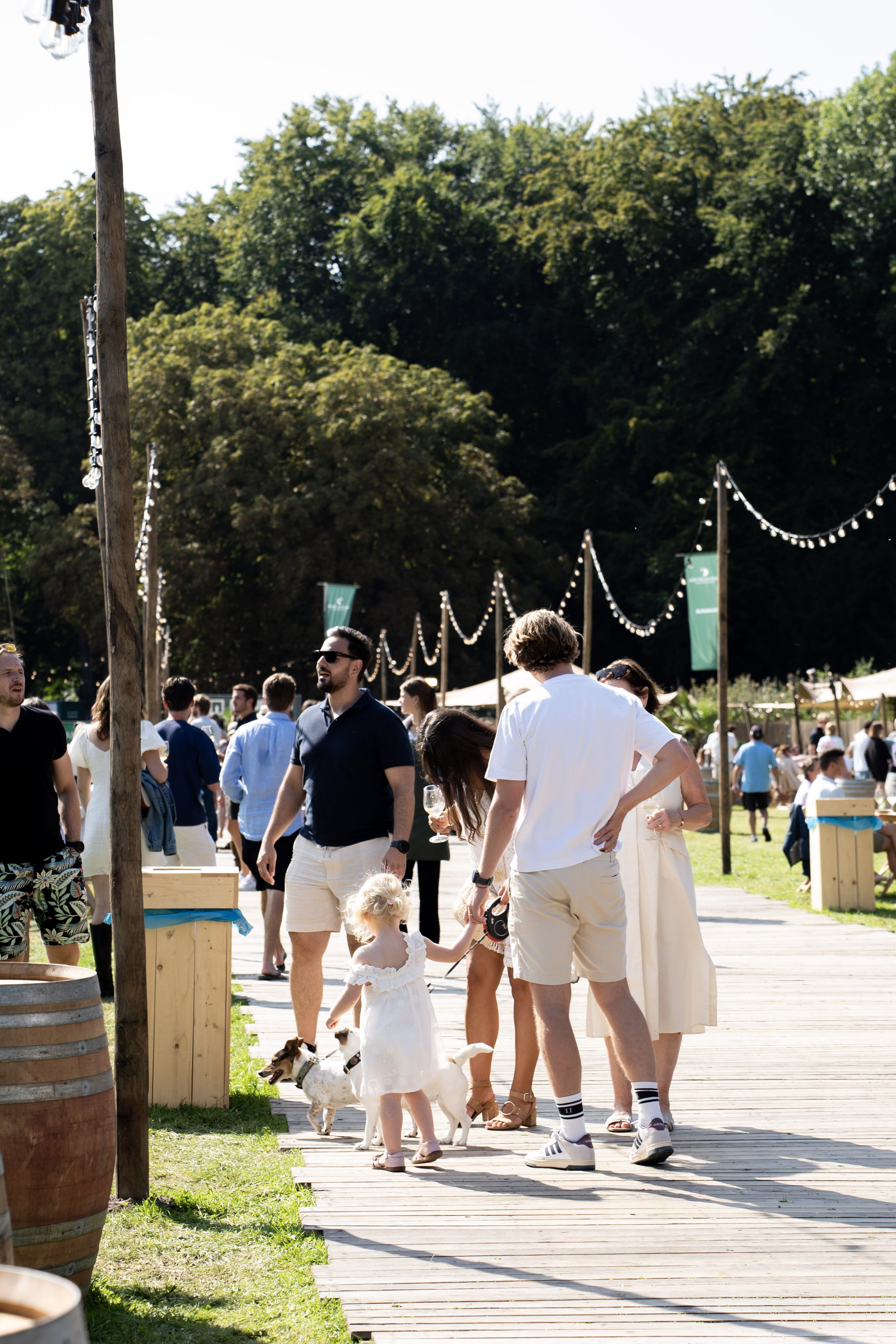 Mensen bijeen in een park tijdens een zonnige dag, waaronder een vrouw met een kind en een paar honden, met decoratieve lichten en bomen op de achtergrond.