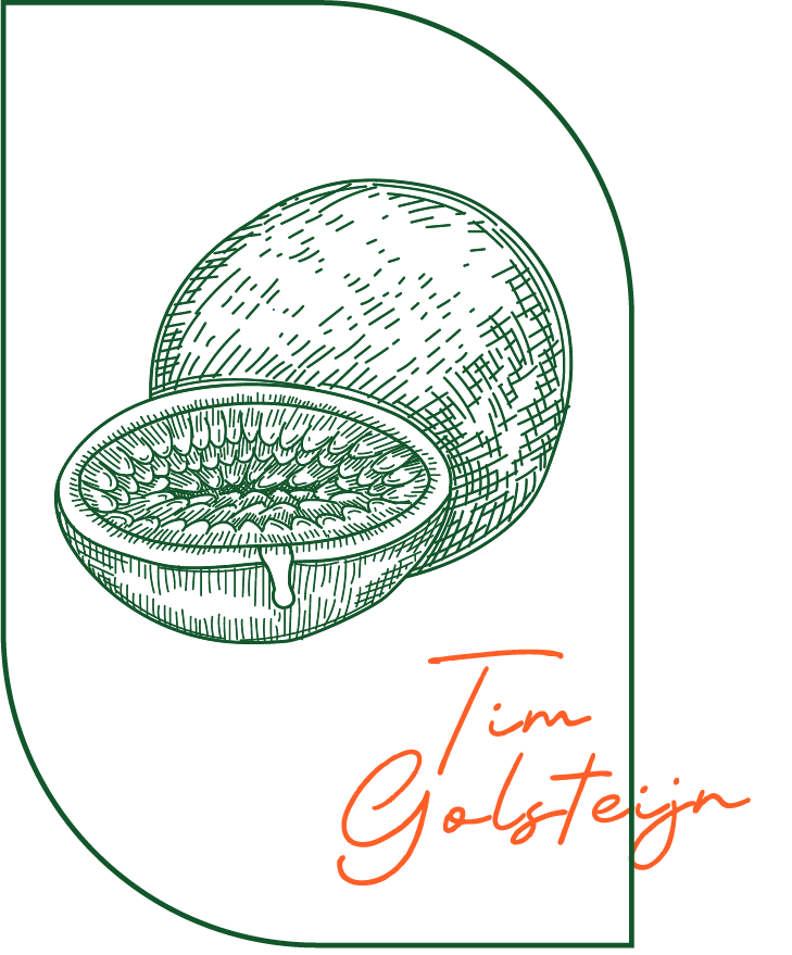 Een lijntekening van een halve kiwi en een hele kiwi op een zwarte achtergrond, met de naam 'Tim Golsteijn' in oranje tekst eronder.