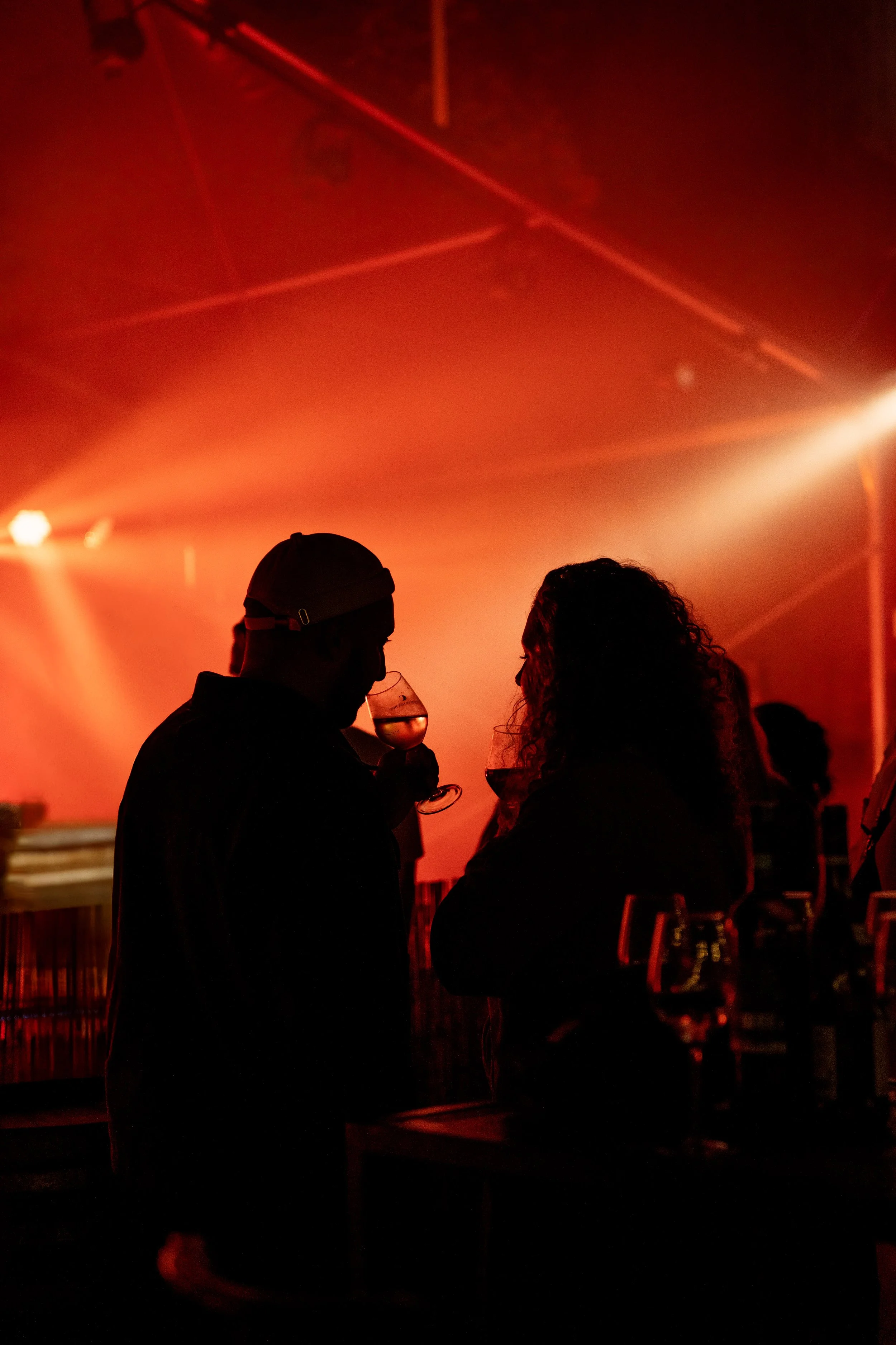 Drie mensen in silhouet op een rode achtergrond, één drinkt uit een wijnglas, de anderen praten of kijken toe, in een setting die lijkt op een feest of bar.