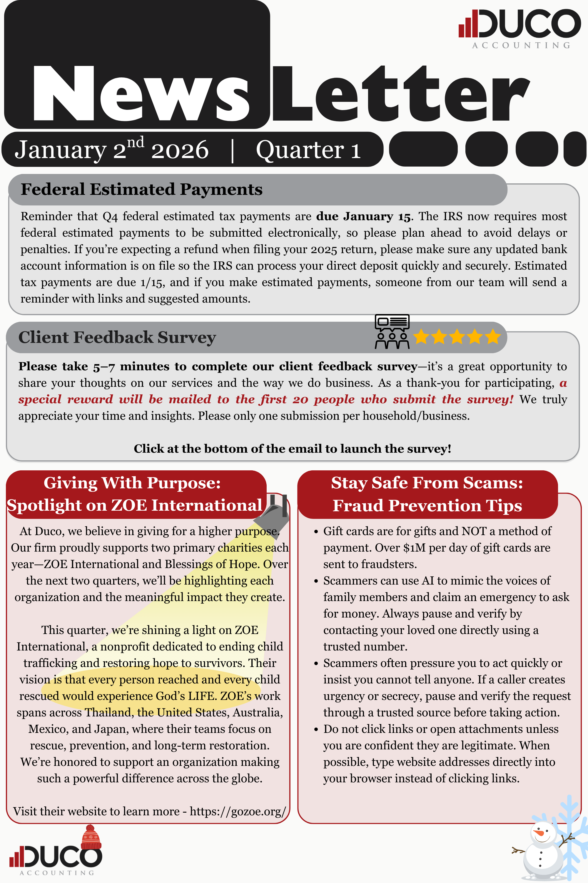 Duco Accounting newsletter for January 2nd, 2026, Quarter 1, containing sections on federal estimated payments, client feedback survey, company giving purpose, and scam prevention tips, with a snowman illustration at the bottom right.