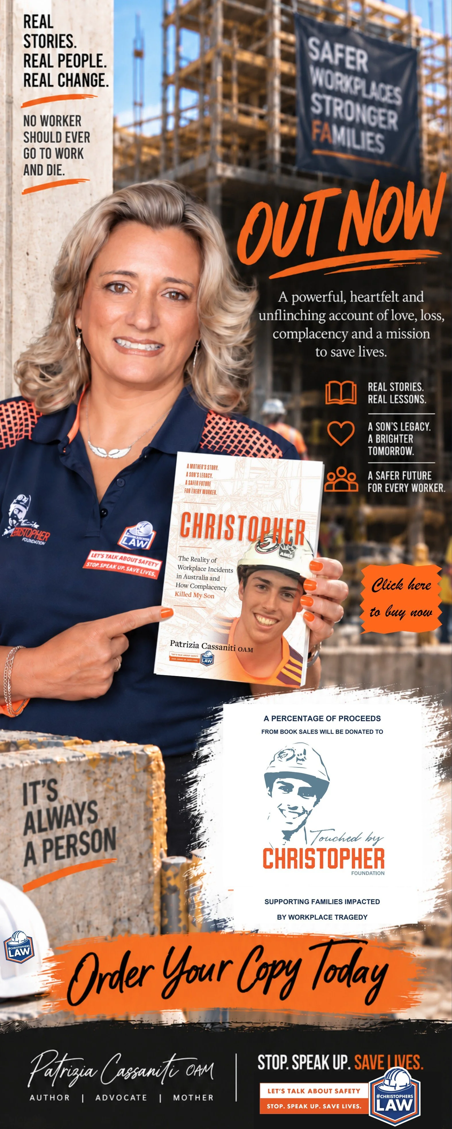 Patrizia Cassaniti OAM holding her book Christopher: The Reality of Workplace Incidents in Australia and How Complacency Killed My Son. Out now. Order your copy today. A percentage of proceeds goes to the Touched by Christopher Foundation.