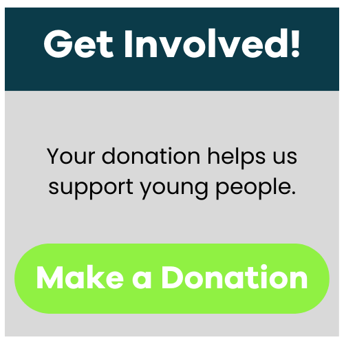 Call to action for donations with message supporting young people and a bright green 'Make a Donation' button