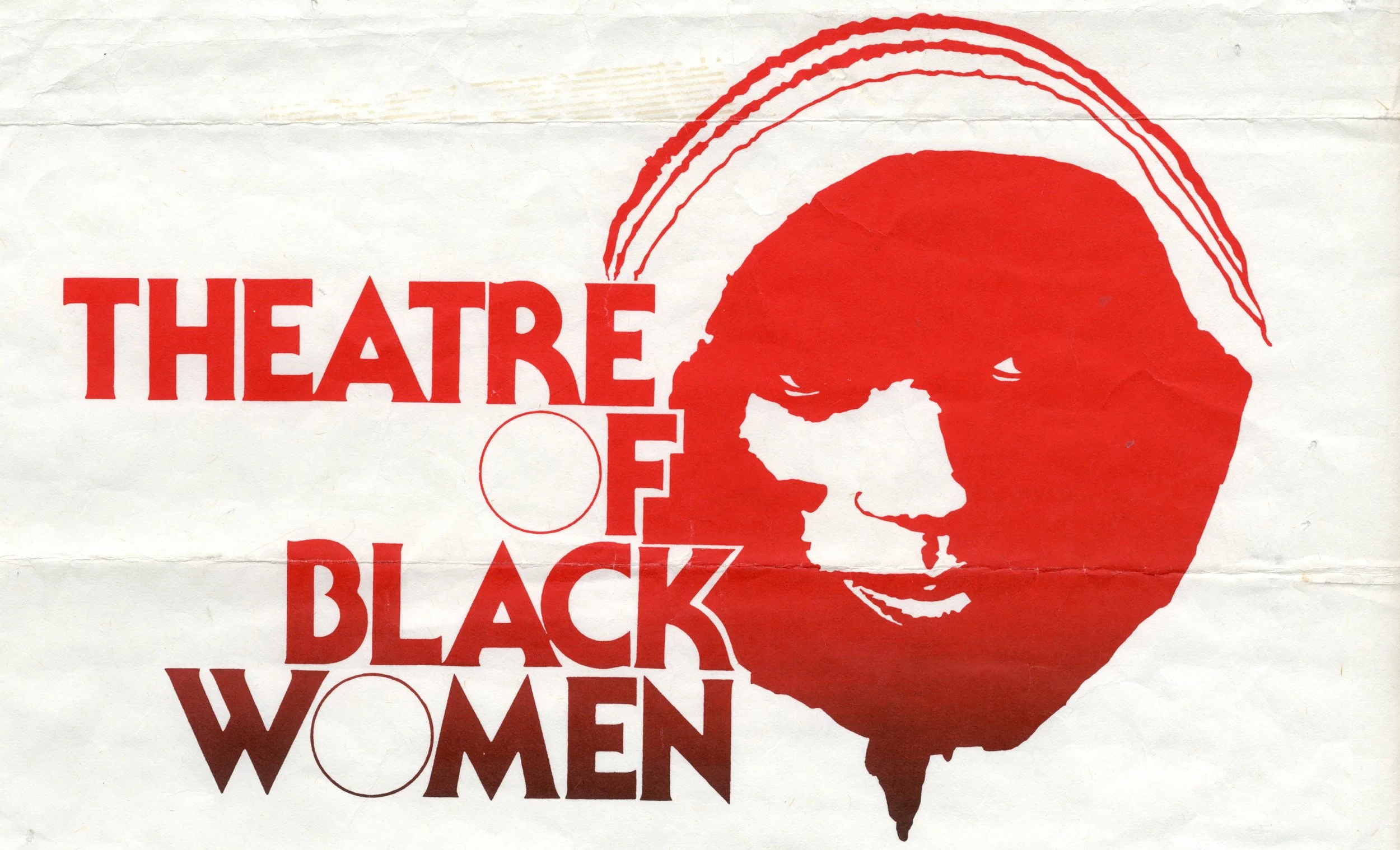 An iconic hand-printed screenprint in red and black ink, depicting a woman wearing a hood, promoting the Theatre of Black Women