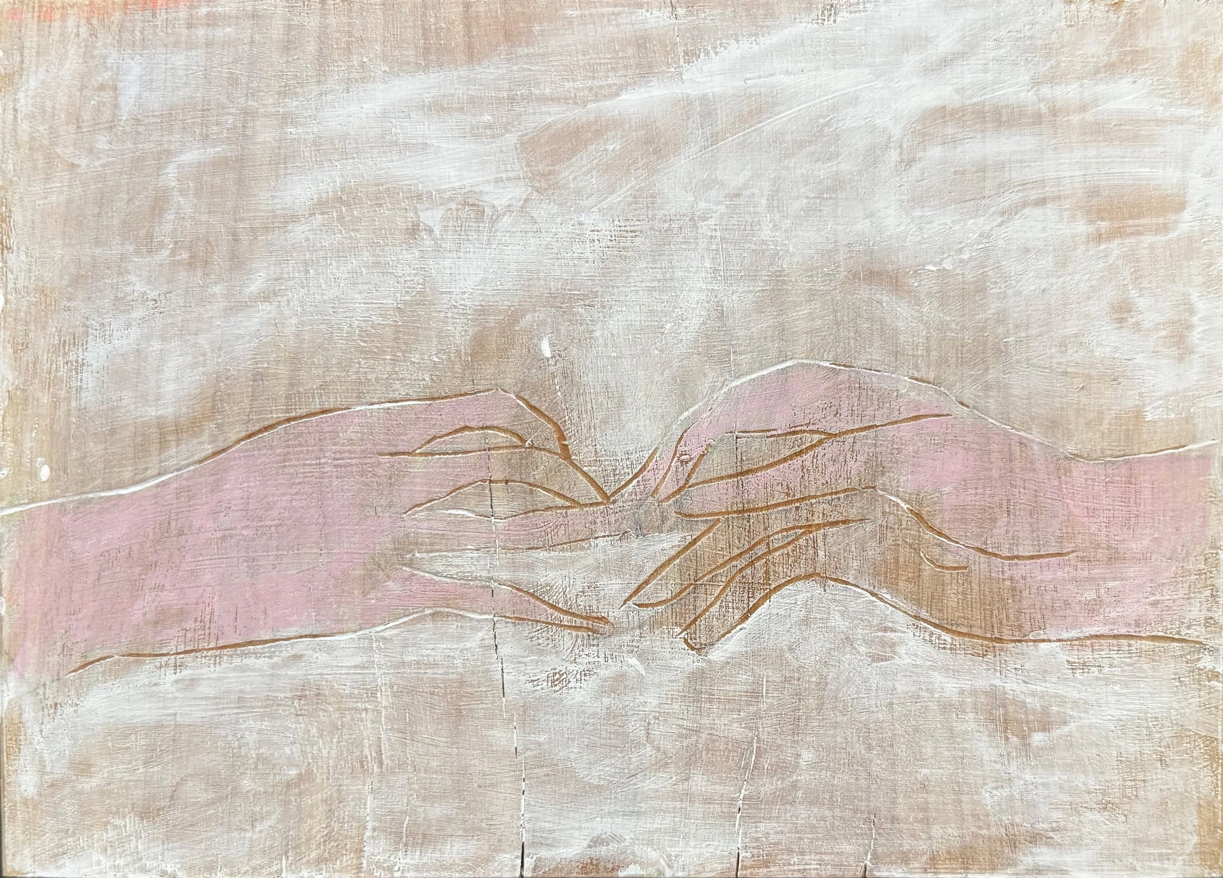 an imagie of a drawing of two hands reaching towards each other rendered in pastel colours
