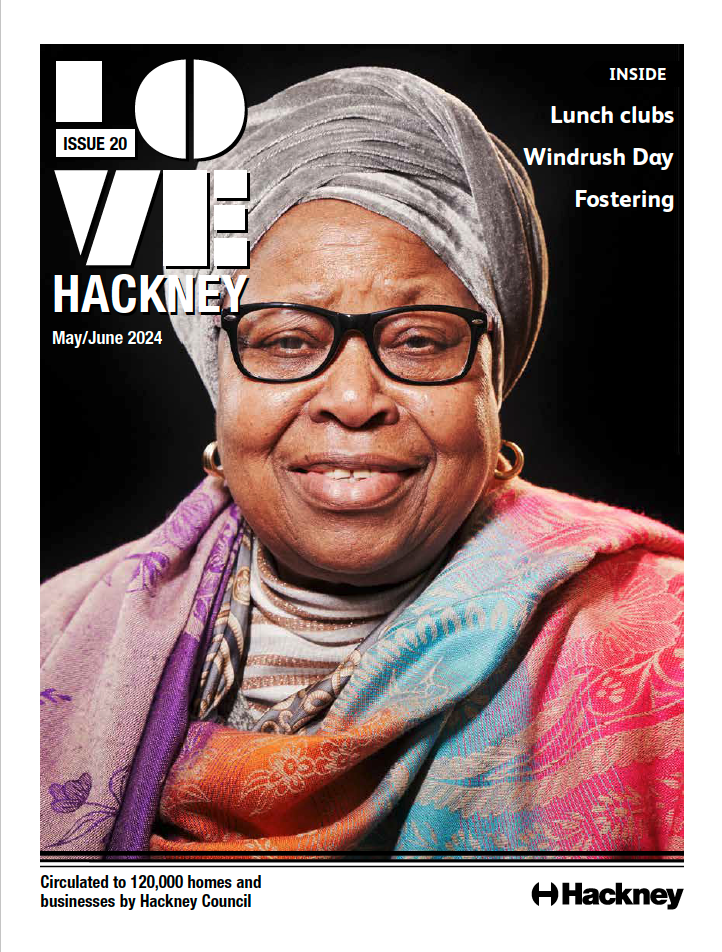 Front page of Love Hackney May-June 2024 featuring a Black lady with a head wrap