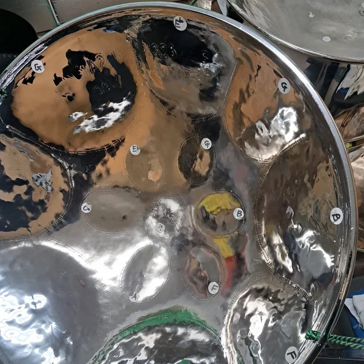 An close-up of a steel pan
