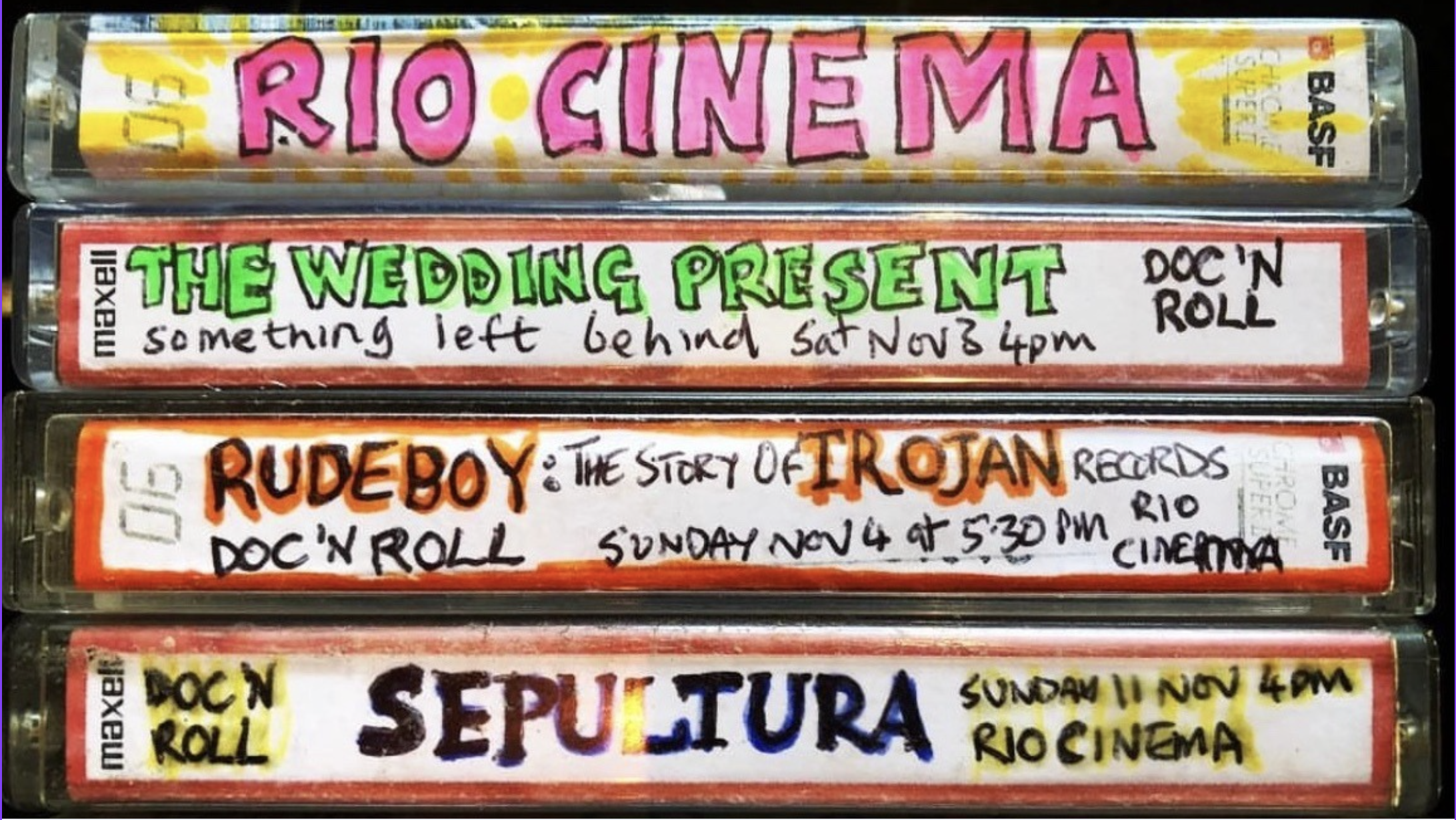 4 VHS labels advertising what's on at the Rio