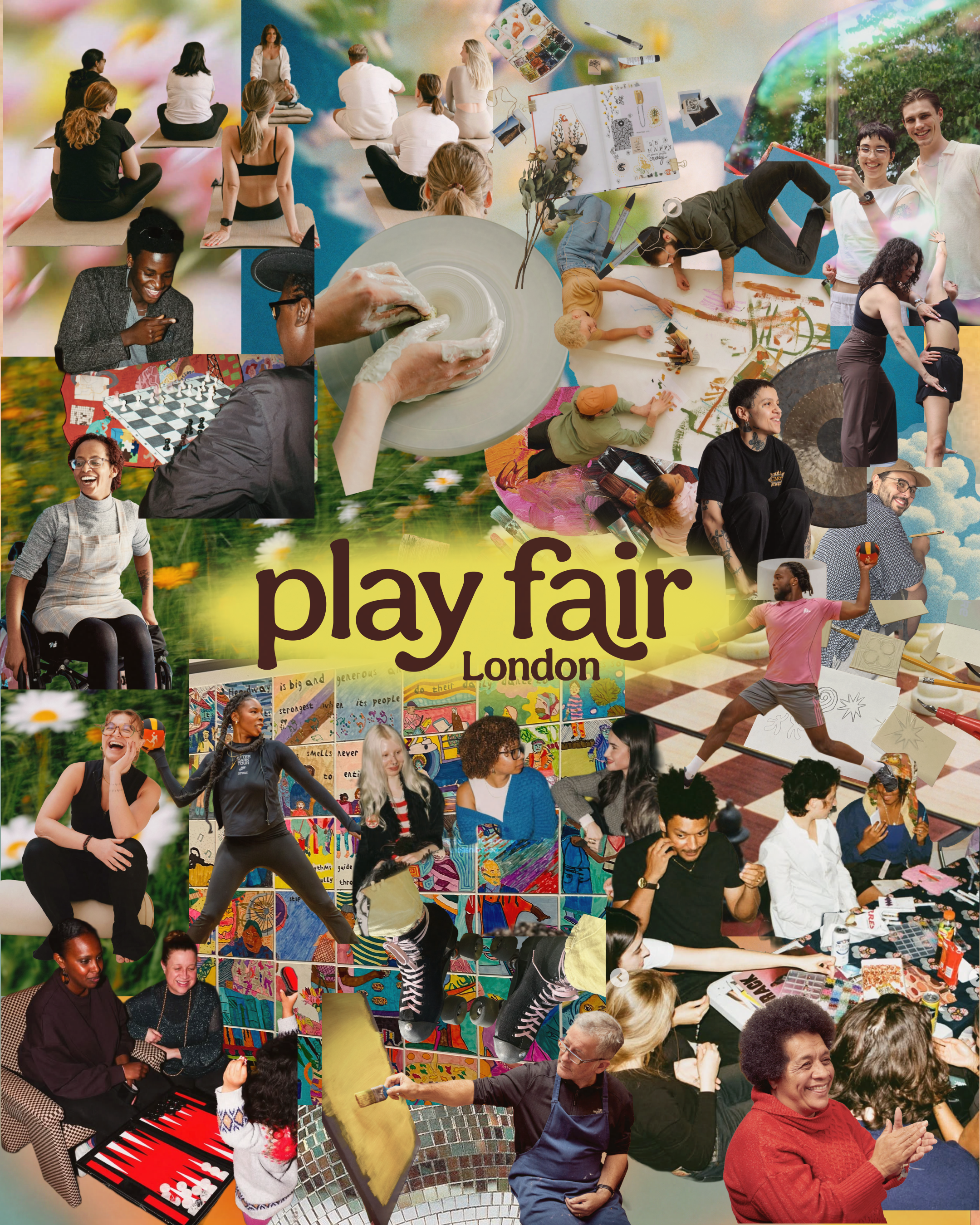 A collage of people of various ages and ethnicities taking part in Play Fair activities including crafts, games and fitness