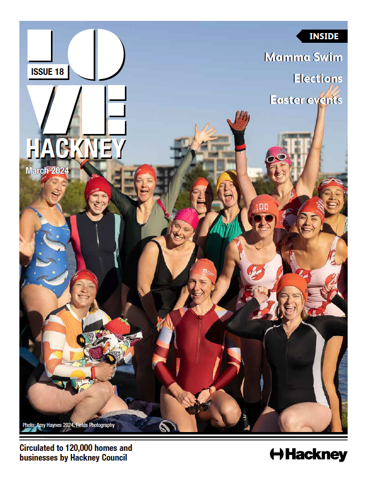 Front page of March 2024's Love Hackney featuring a group of women in swimming suits and their babies