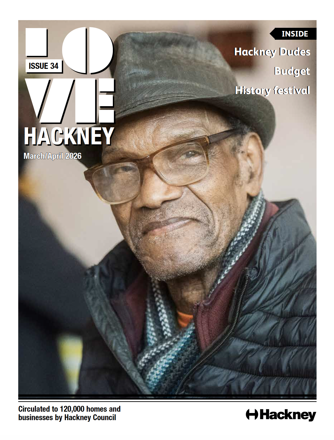 Front page of March 2026's Love Hackney featuring a man in glasses and a trilby hat