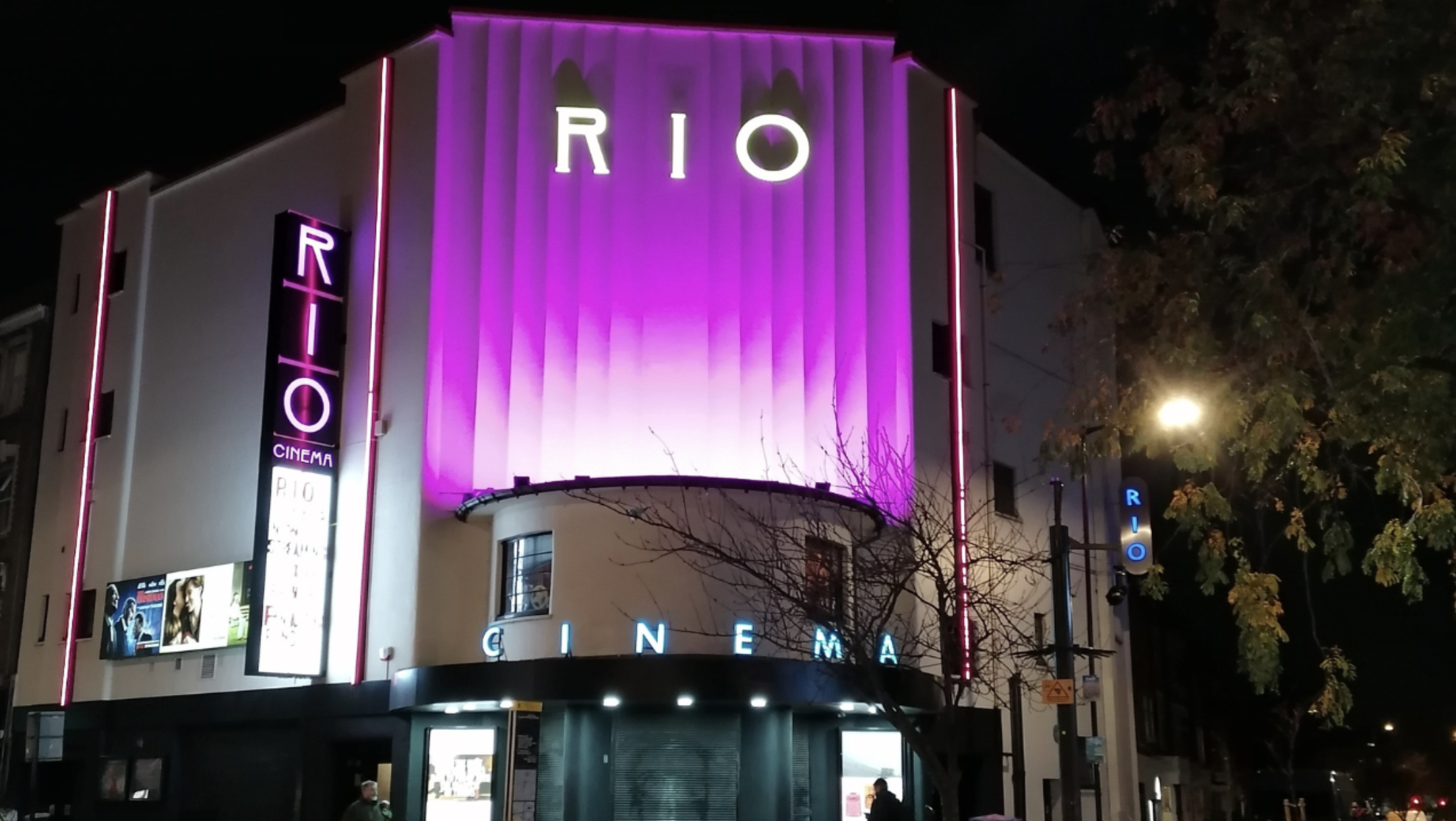 Exterior of the Rio cinema with pink lighting