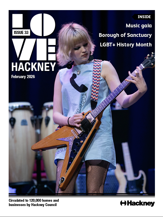 February 2026's front cover of Love Hackney magazine featuring a girl with an electric guitar