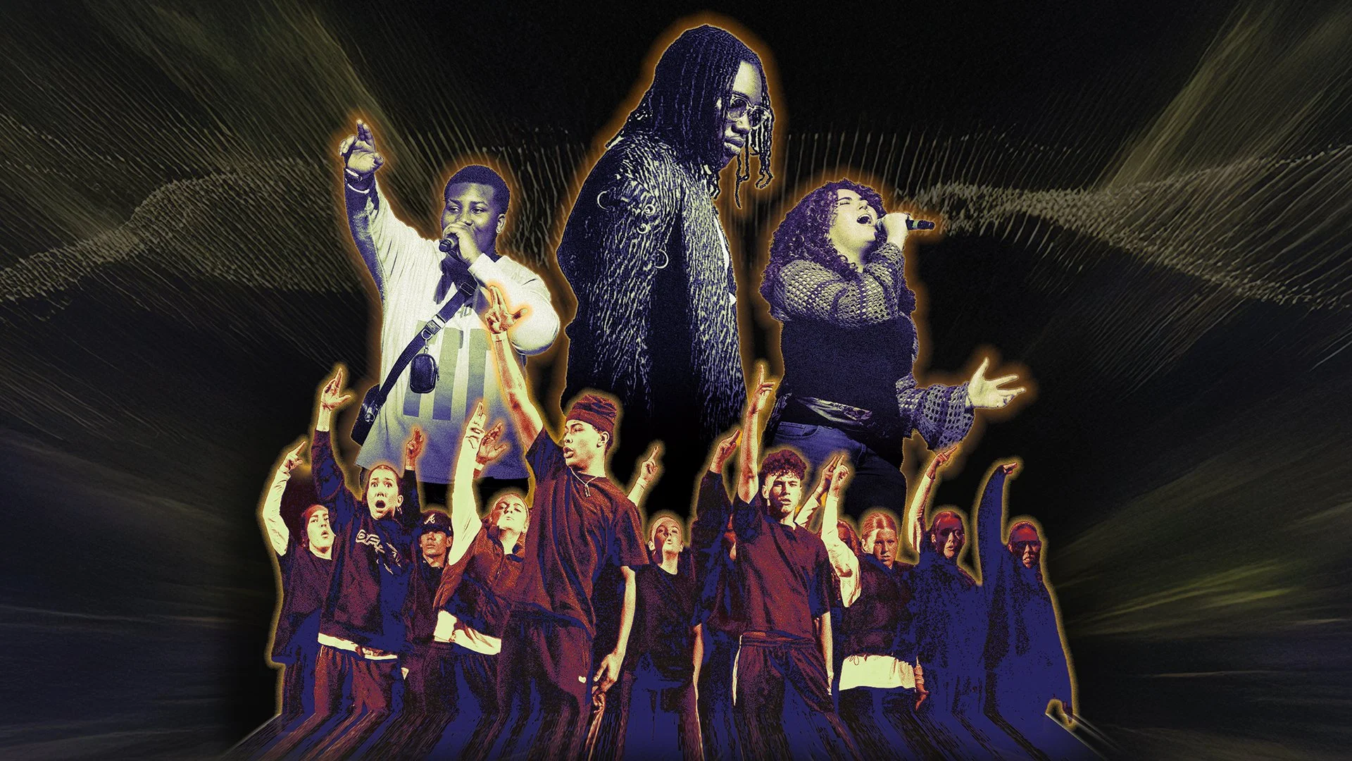 An promotional poster with various acts and contestants mid-performance. Includes a group dance act, singer and spoken word artist