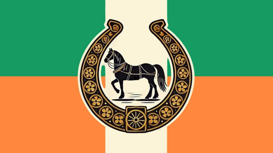 A flag with a horseshoe and horse
