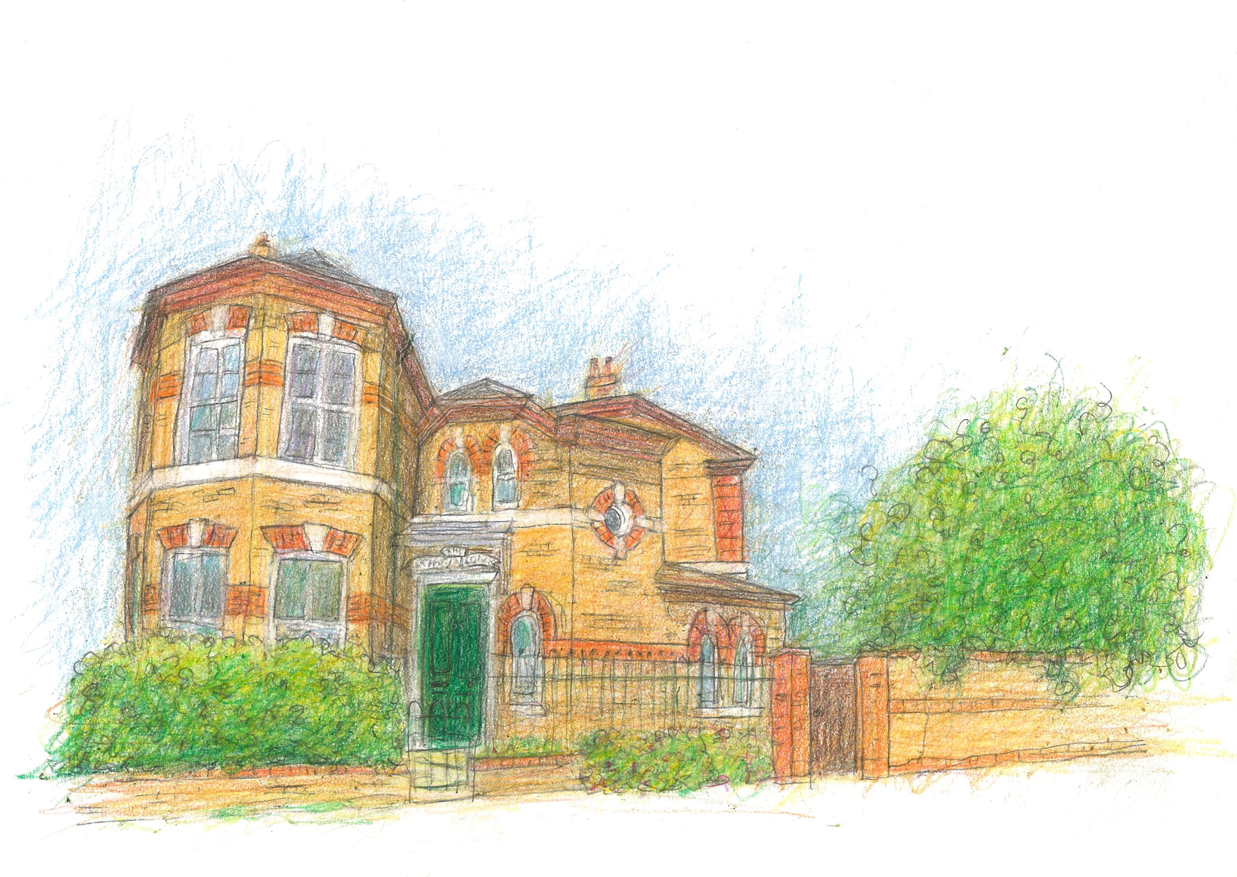 A colour pencil drawing of a large Victorian house, with a green door, yellow and red brick, and bushes and a tree around.