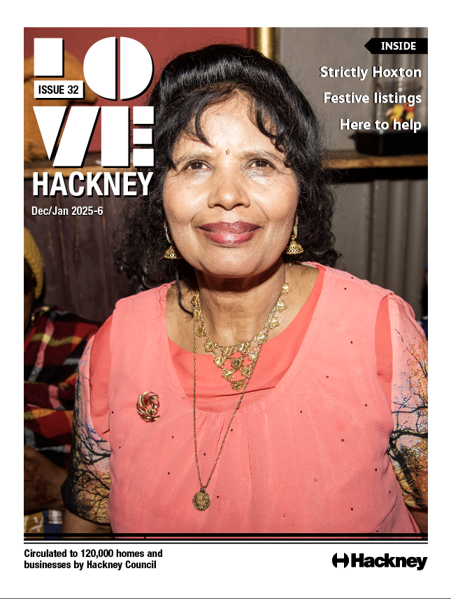Front cover of Love Hackney magazine December / January 2025-26 featuring an older Asian woman in a pink dress