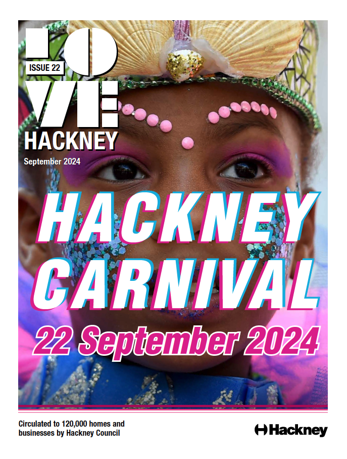 Front cover of Love Hackney magazine September 2024 featuring a child wearing a carnival headress
