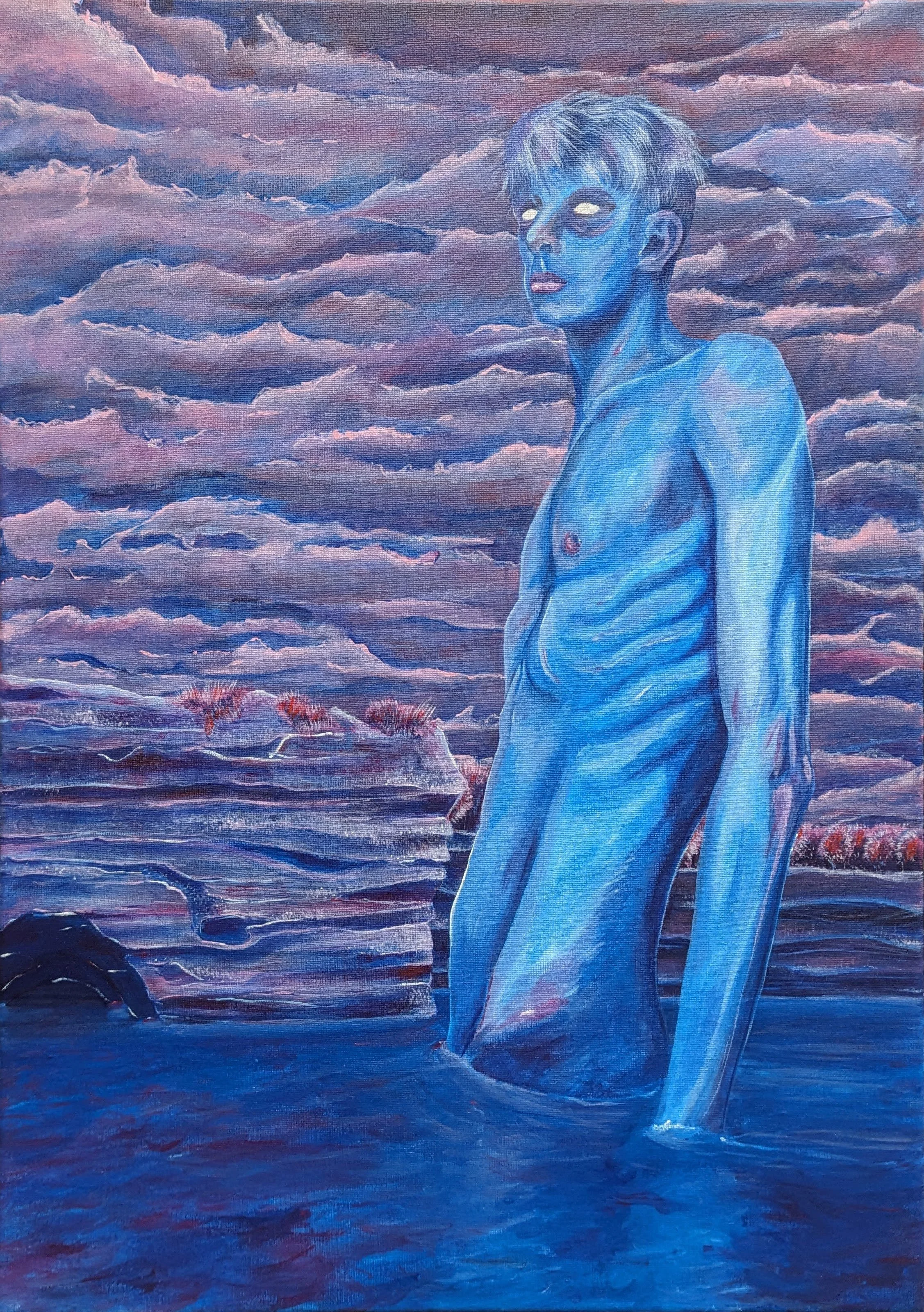 Surreal painting of a blue-skinned person standing in water against a backdrop of layered, colorful clouds.