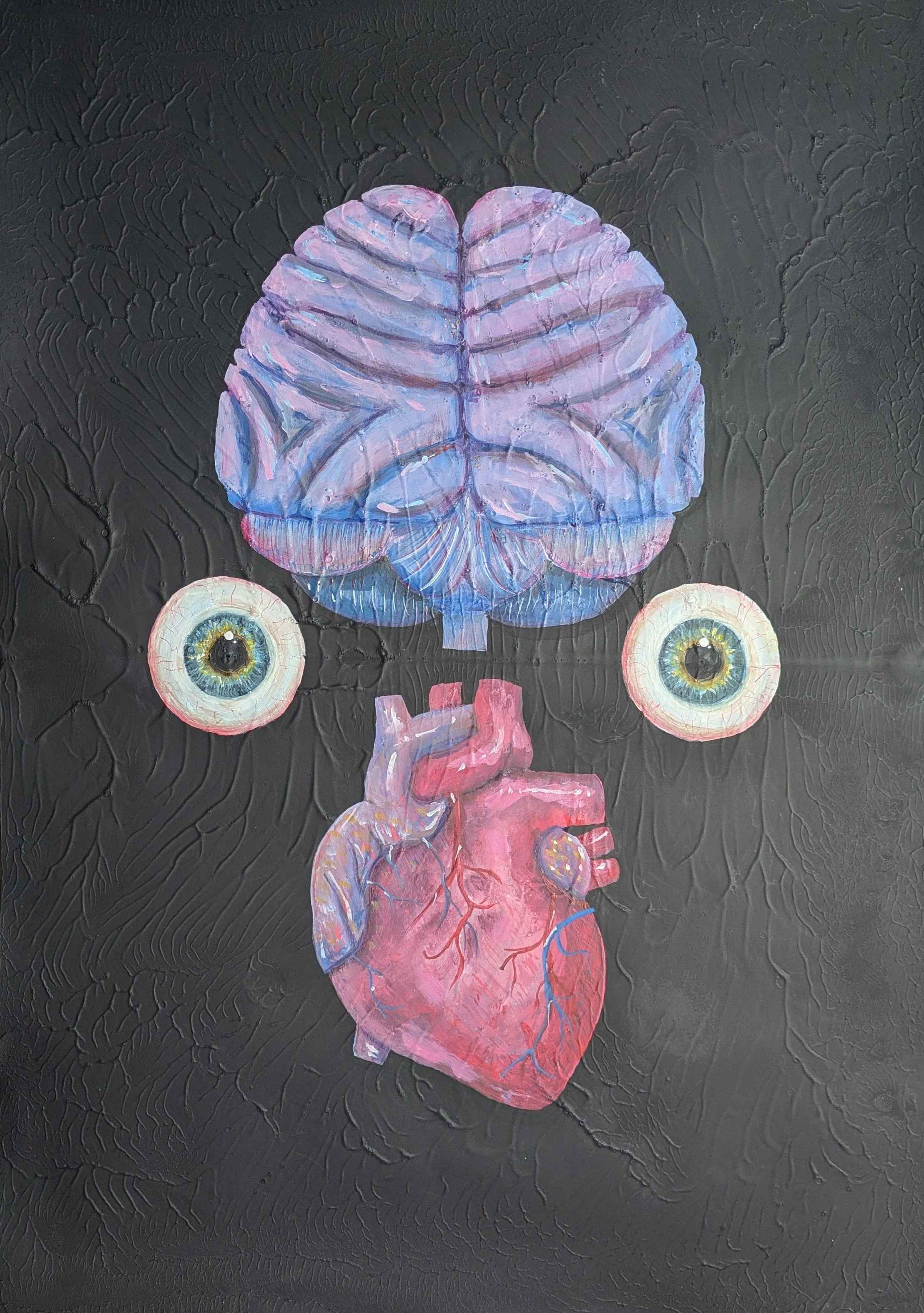 Surreal artwork of a purple brain, two eyes, and a pink heart on a textured black background.