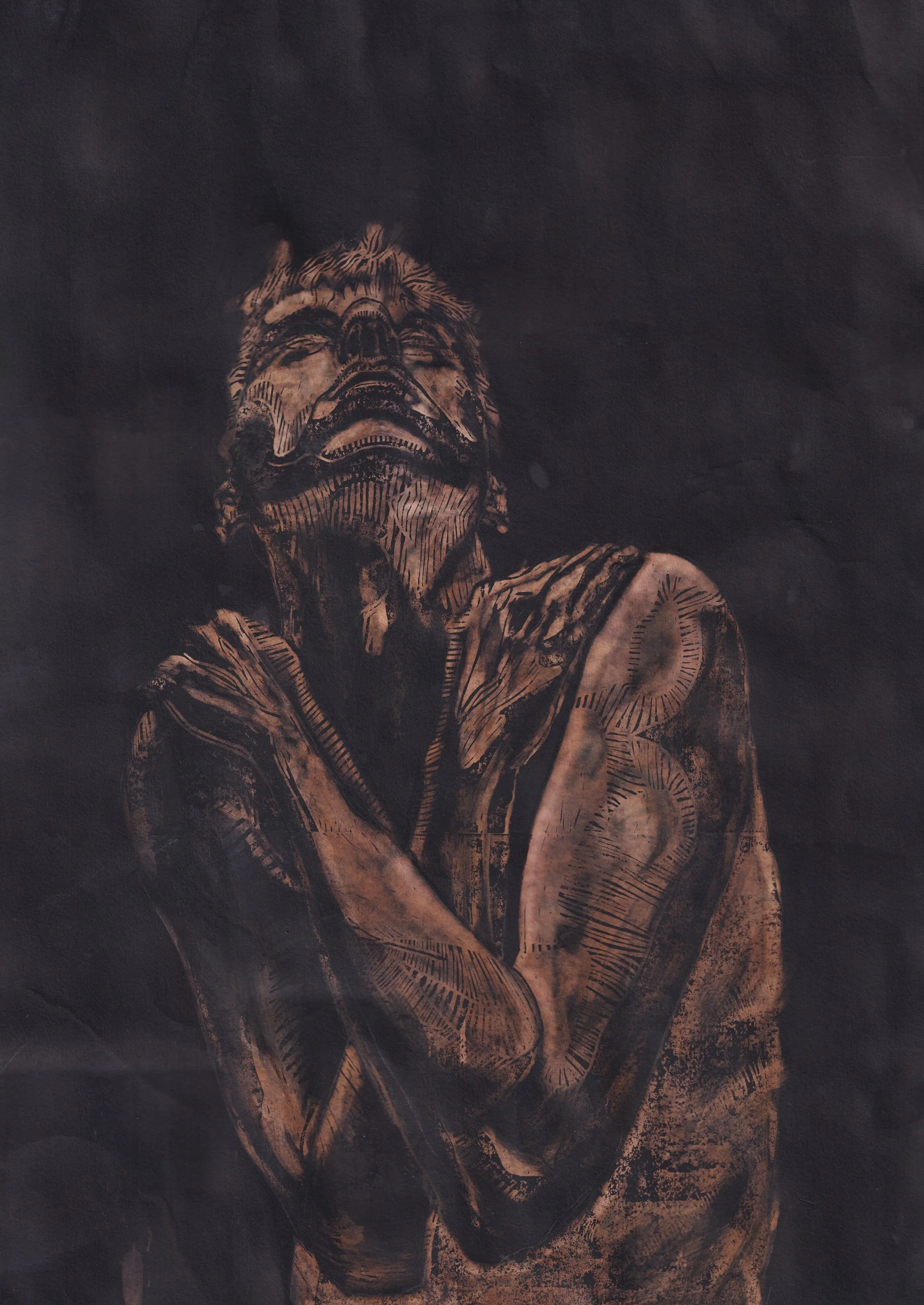 Dark artistic depiction of a person looking upward with crossed arms