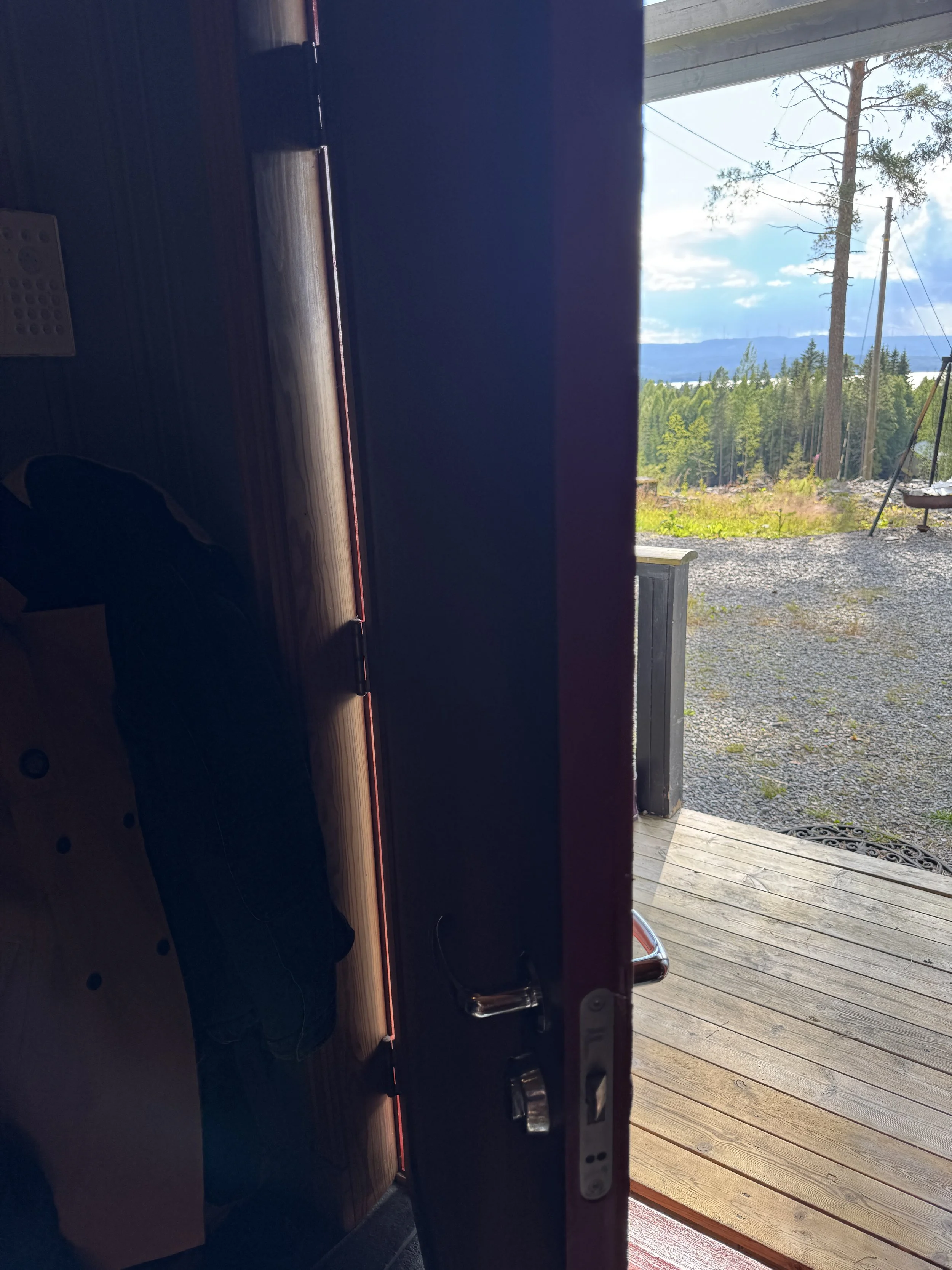 Utsikt fra en åpen dør mot en utendørs thatch av tre, med en utsikt over trær, fjell og en del av en hengekøye på en terrasse.