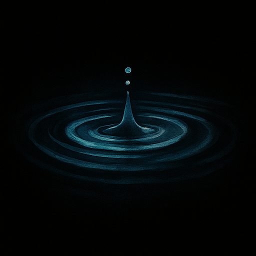 Close-up of a water droplet creating ripples on a dark surface with a splash and water droplets in mid-air.