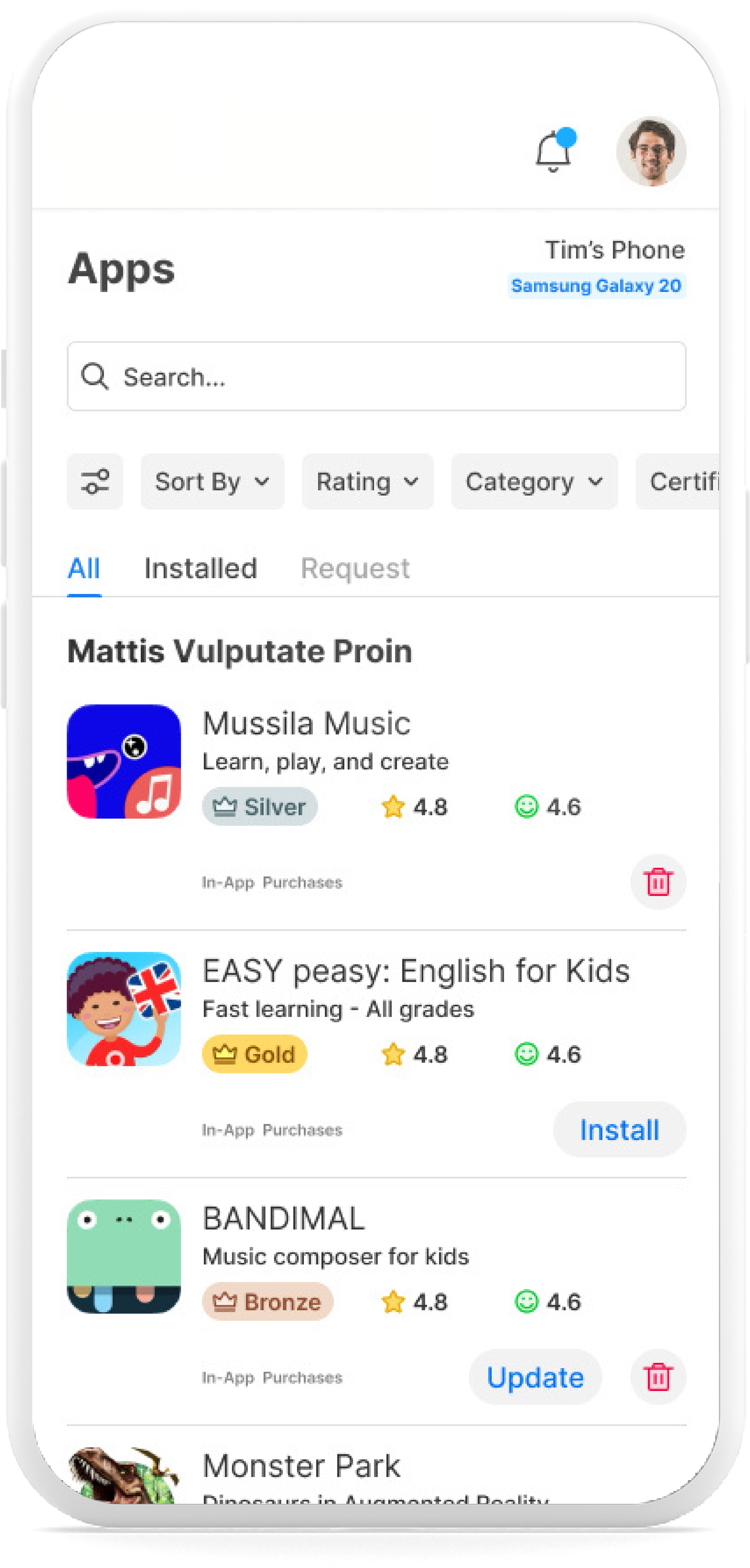 Screenshot of a smartphone screen showing app management page for Tim's Phone on Samsung Galaxy 20, with a list of kids' educational and music apps, including 'Mattis Vulputate Proin,' 'EASY peasy: English for Kids,' and 'BANDIMAL,' with ratings and options to install, update, or delete apps.