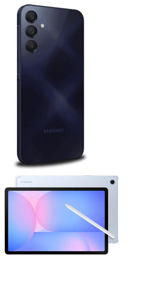 A Samsung smartphone with three rear cameras and a stylus shown alongside a Samsung tablet with a stylus.