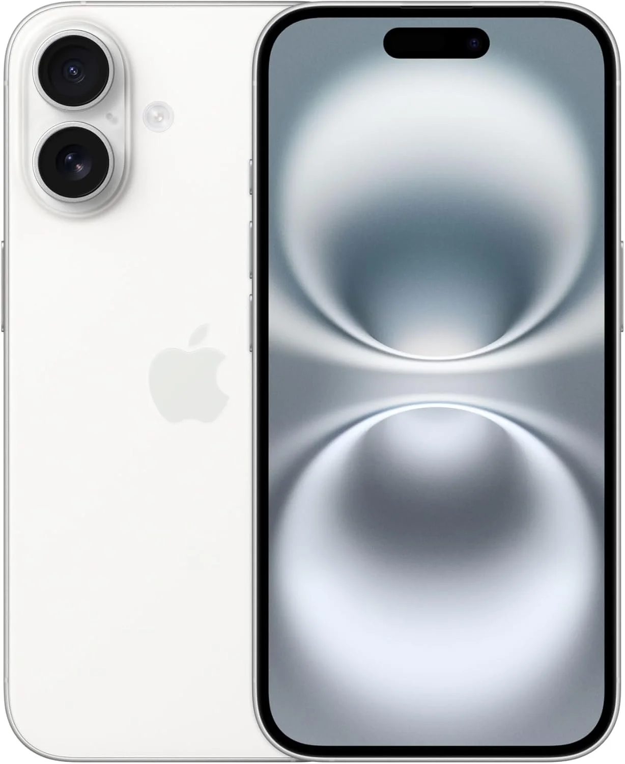 White kids safe iPhone with dual rear cameras and black front screen displaying abstract silver and black wallpaper, designed for secure use by children.