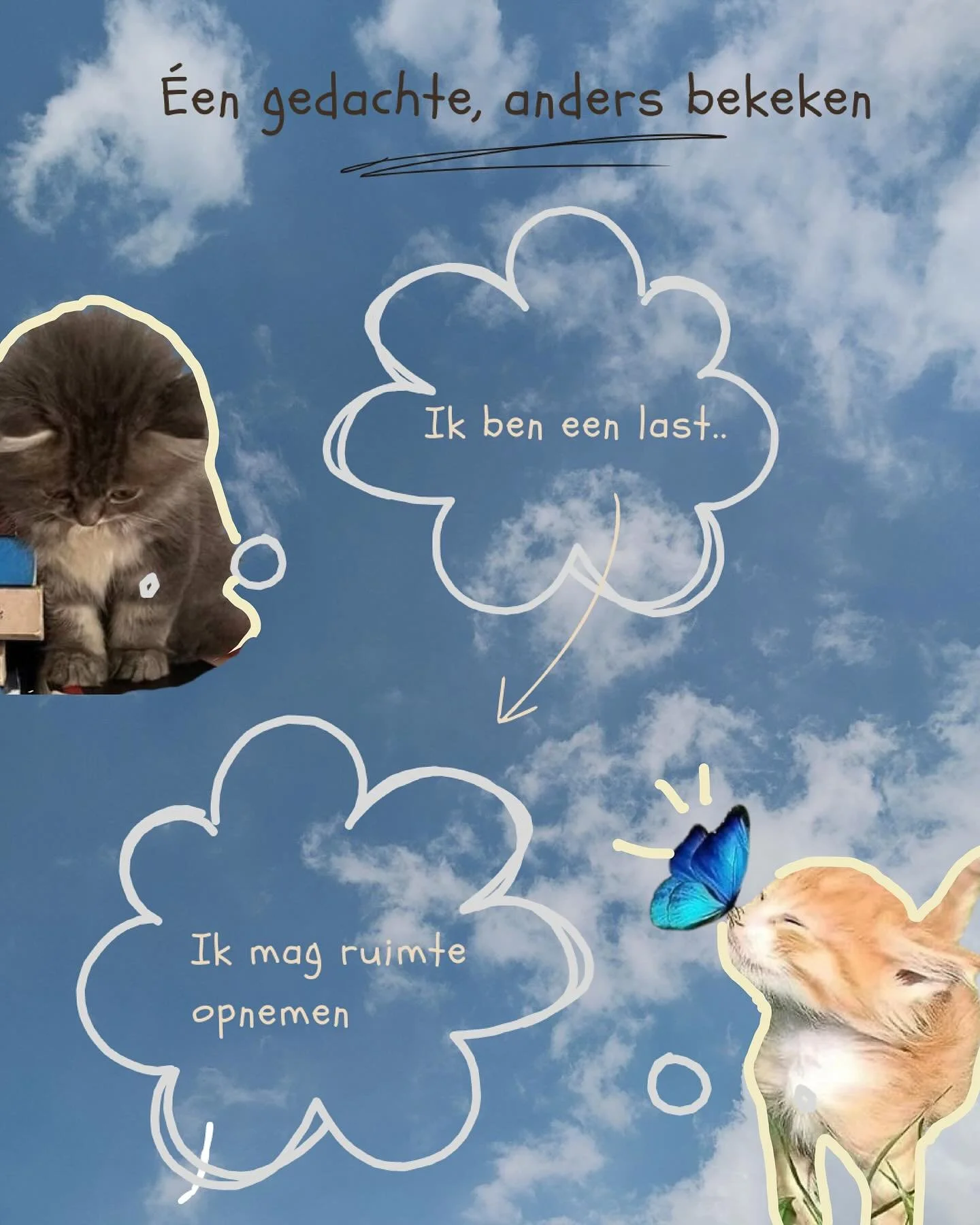 (ENG below) Het gaat niet om je gedachten veranderen en alleen positief mogen denken ☁️, het gaat om een nieuw perspectief brengen, om zo je negatieve gedachten minder impact te laten hebben. 

Het gaat niet om positief denken, het gaat om anders ler