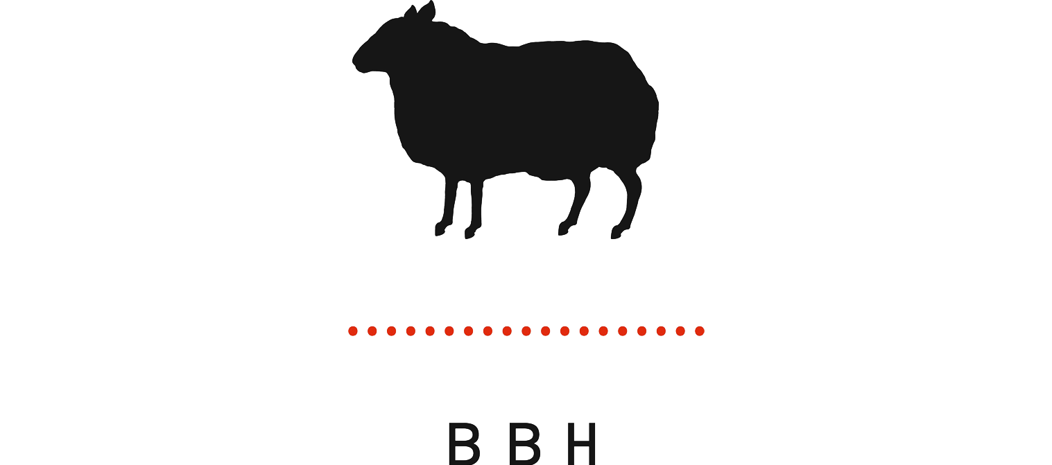 Silhouette of a sheep with the letters "BBH" below it and a dotted red line between the sheep and the letters.