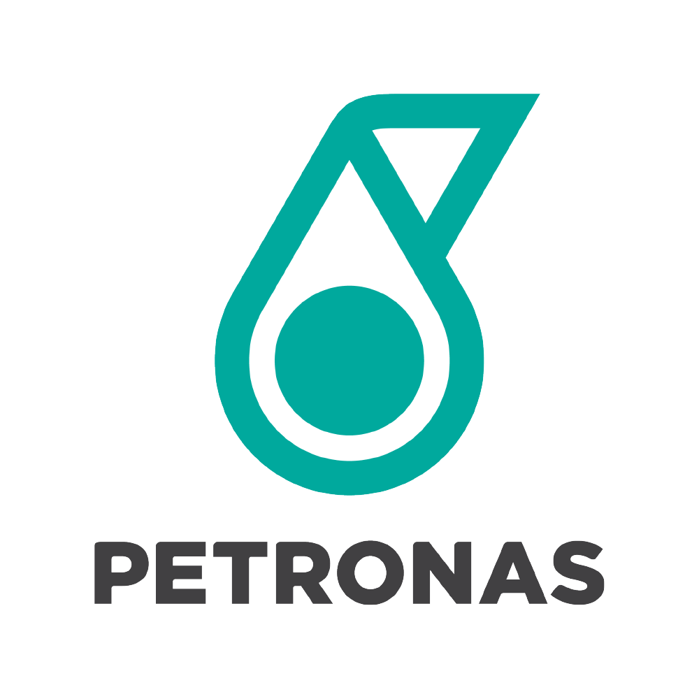 Petronas logo featuring a stylized teal and white drop shape with a triangle cutout, and the word 'PETRONAS' in bold gray letters below.