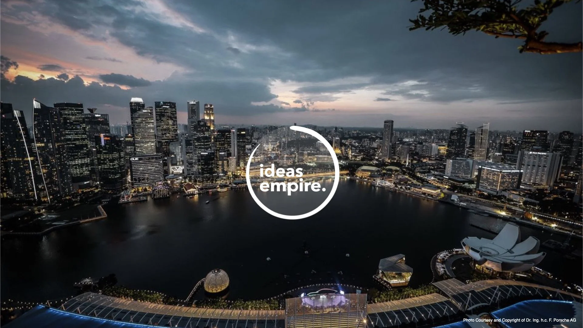 Aerial view of a city skyline at dusk with illuminated buildings, water in the foreground, and a cloudy sky overhead. The text 'ideas empire.' is centered in a white circle overlay.