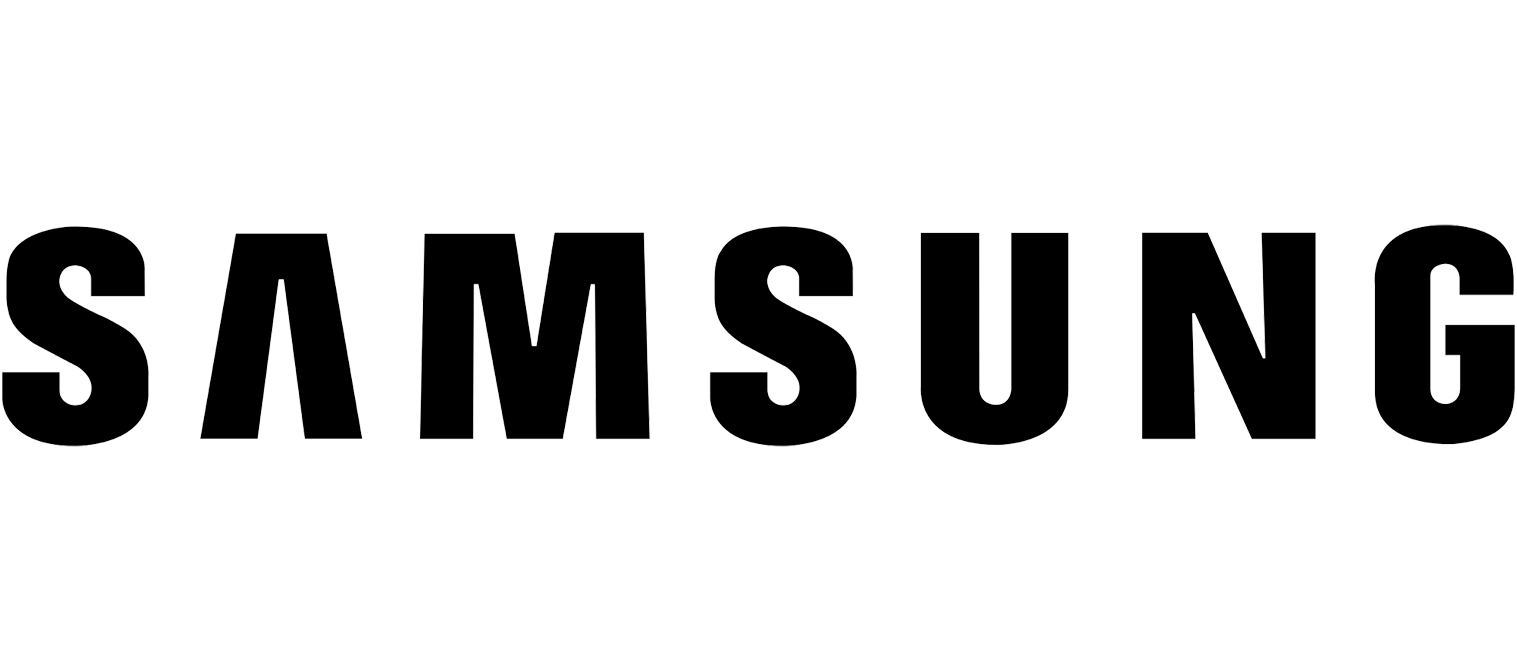 Black Samsung logo on black background with a white outline.