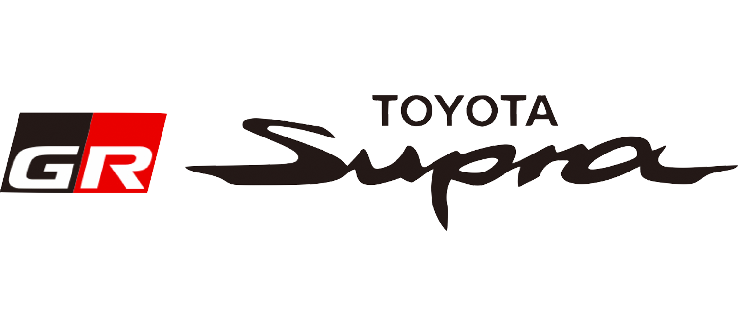 Toyota Supra logo with a red and black 'GR' emblem on the left and the word 'Supra' in cursive black font, with the Toyota brand name above.