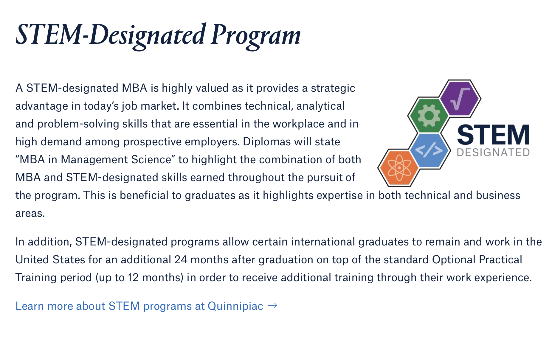 Screenshot of STEM designation section of Quinnipiac Universities MBA program