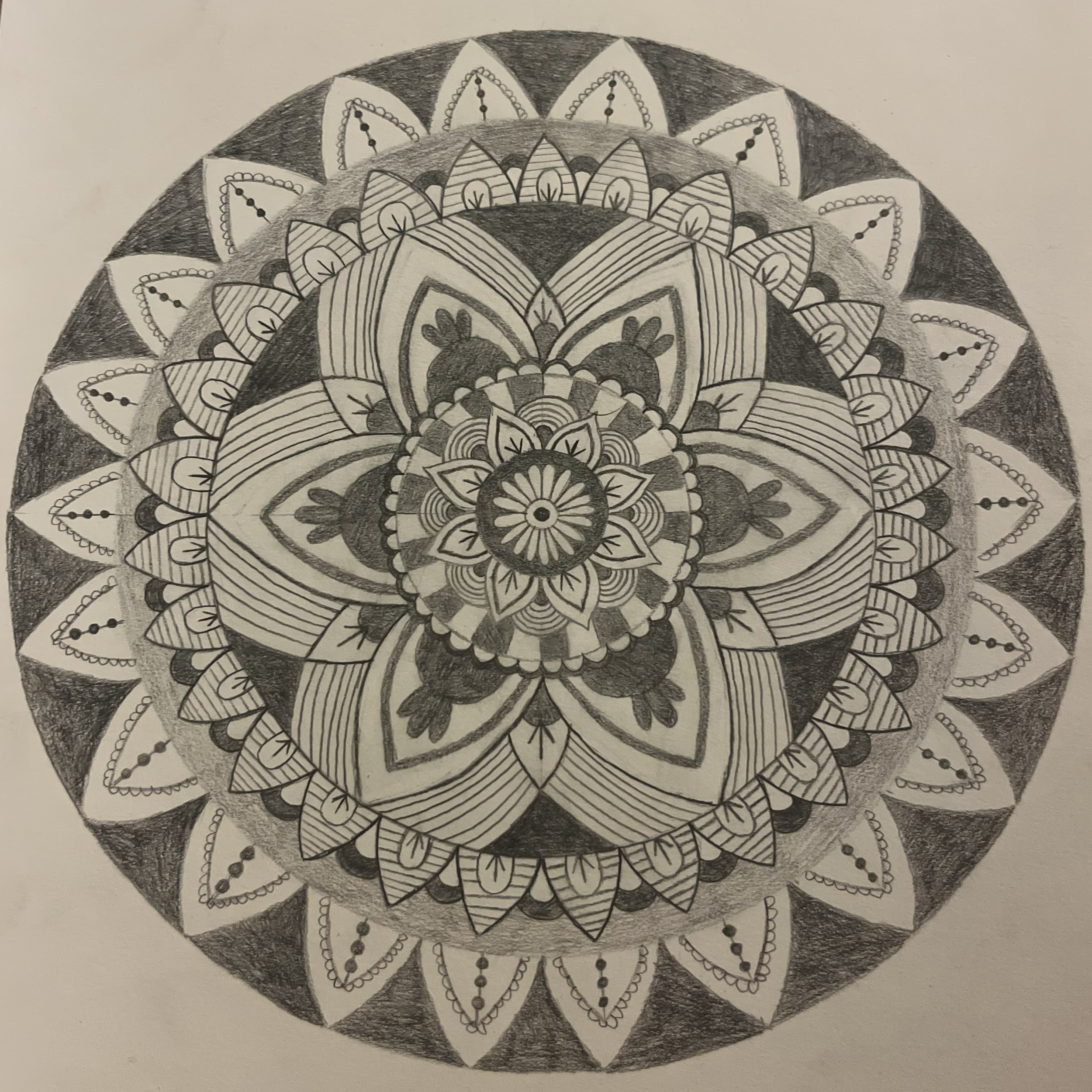 Mandala - I made this piece in a design class where we were learning about pattern and harmony. I just used a sketching pencil and a compass.