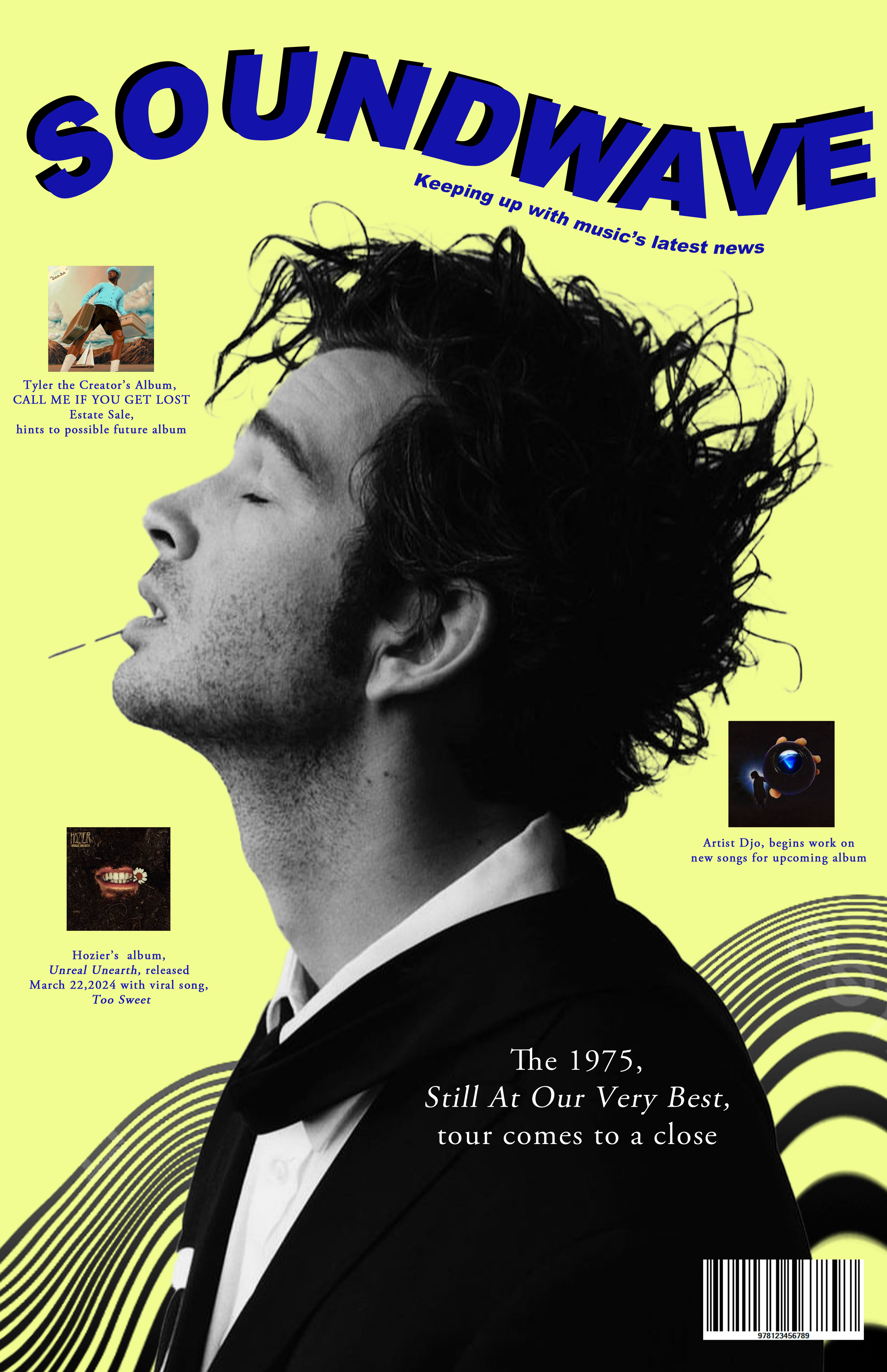 Magazine Cover - I used Photoshop for this piece. This project was for an assignment in one of my classes where we had to create a unique magazine cover for a topic of our choice. The topic I chose was music. I decided to go with an electric feel to