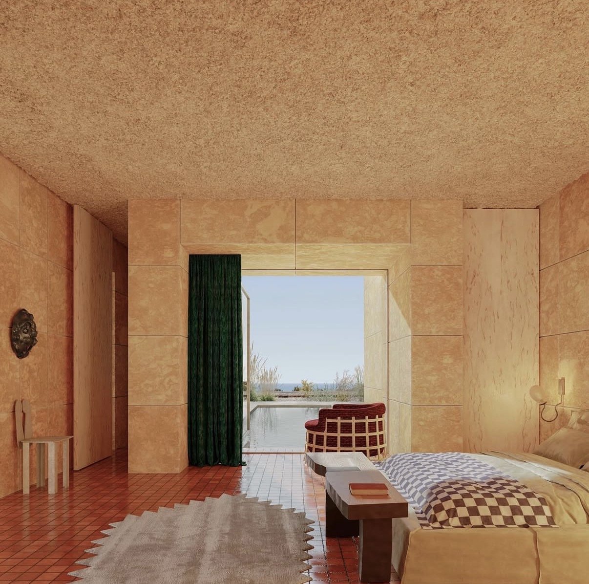 chambre recouverte de liège, murs et plafond avec petits carreaux terracotta au sol, rideau vert à la fenêtre, lit recouvert d'un duvet en damier