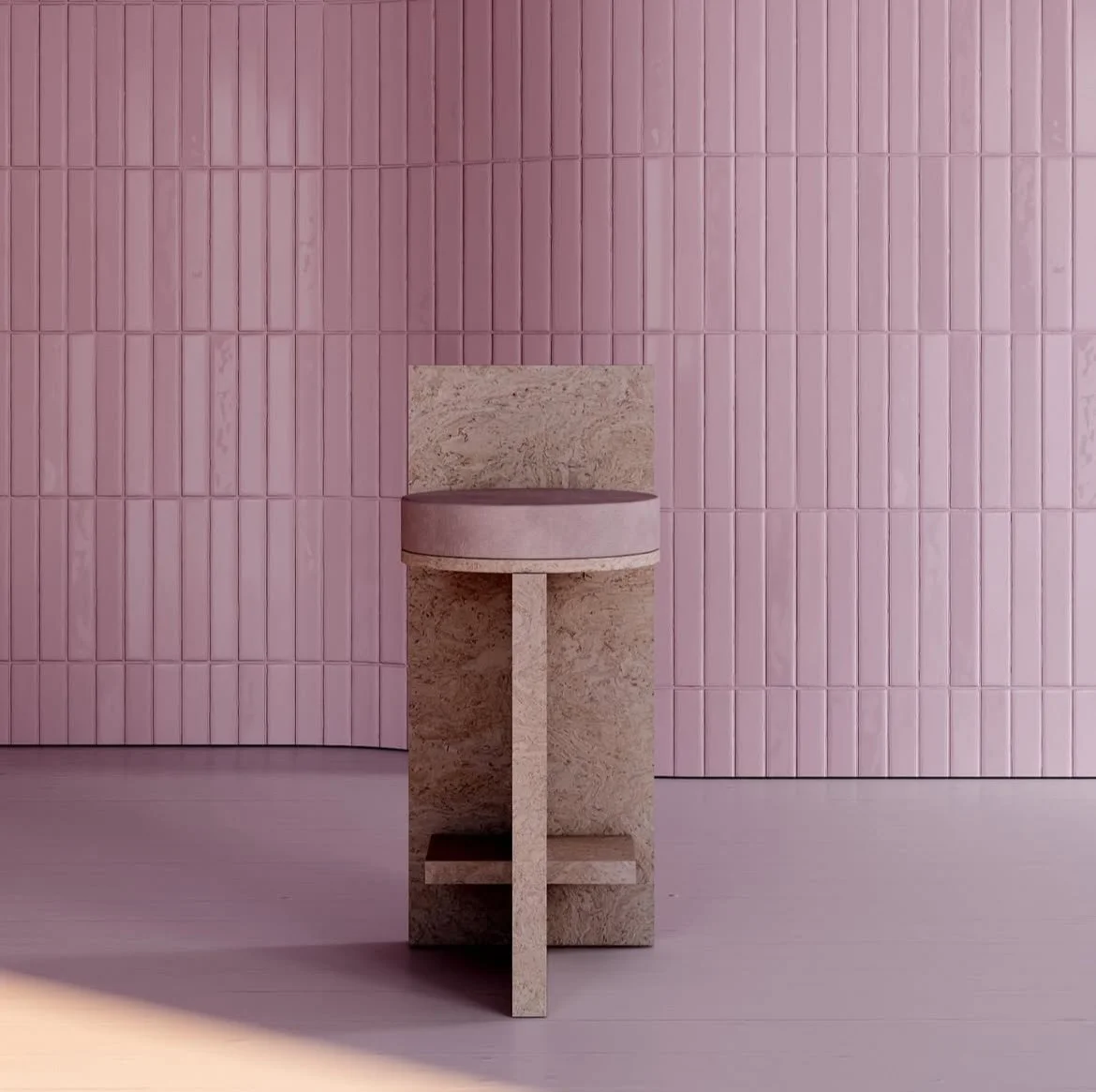 Tabouret haut collection Volta par Agence Volta, sol béton rose clair et murs en carreaux roses