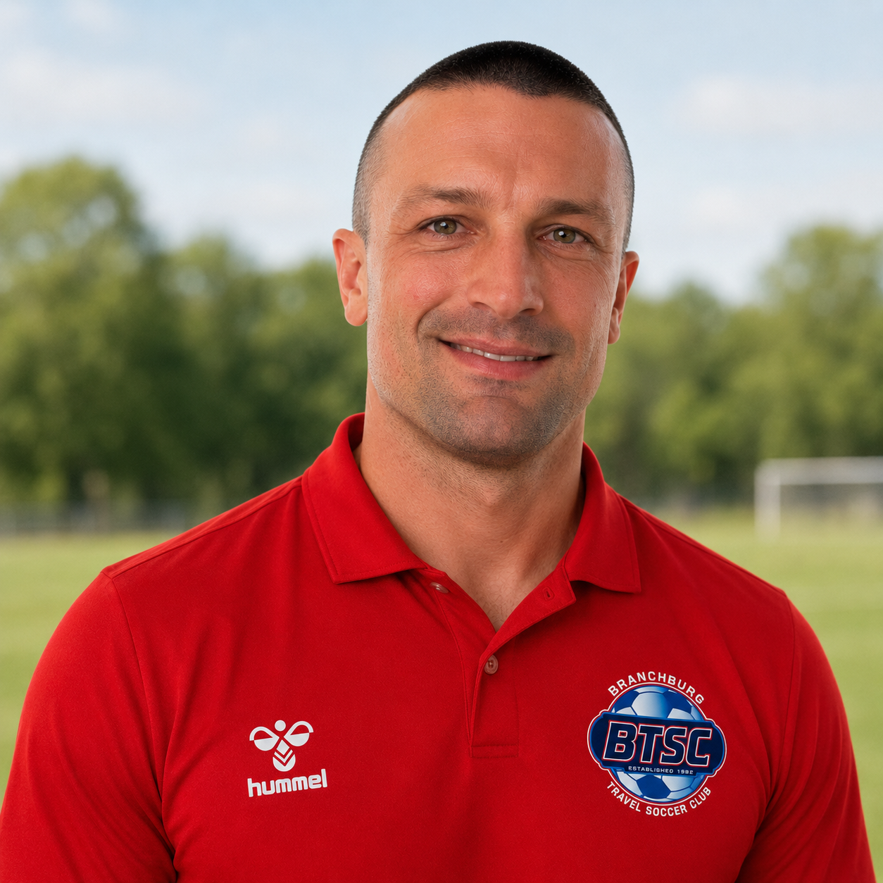 Portrait of a man outdoors with trees and a soccer field in the background. He is wearing a red soccer jersey with logos of BTSC and Hummel.